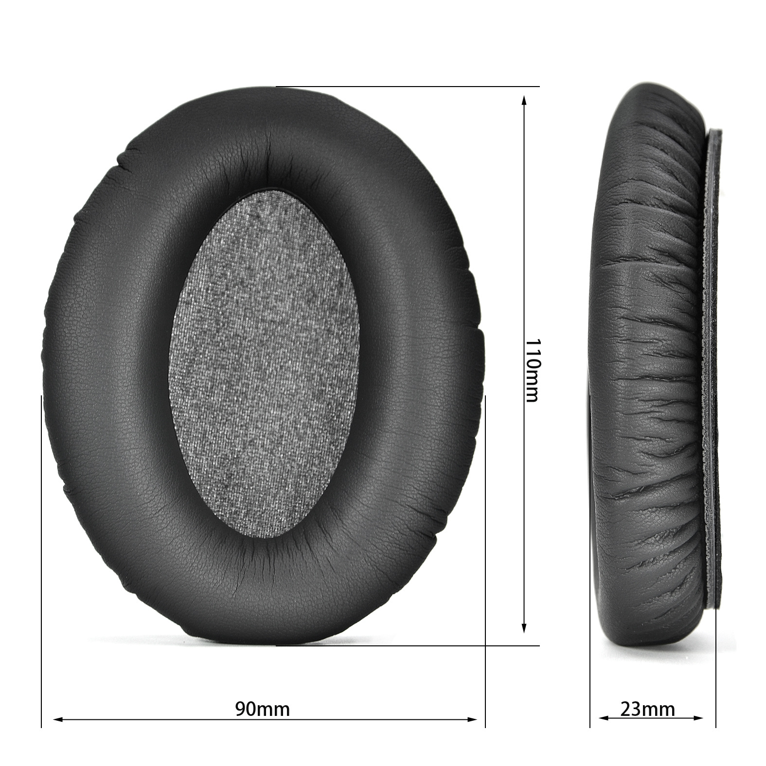 Due cuscinetti auricolari neri e rotondi per cuffie over-ear con dimensioni mostrate.
