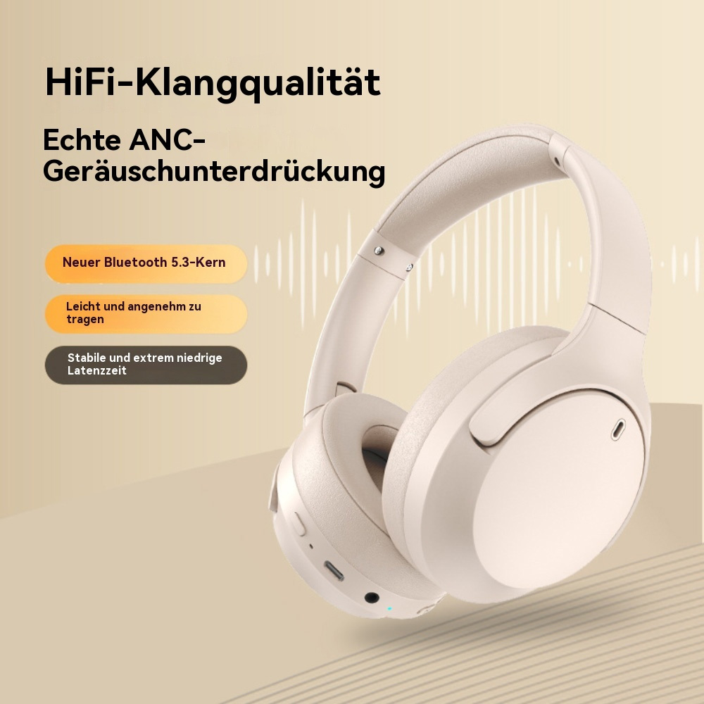 Weiße Kopfhörer mit Textaufklebern: HiFi-Klangqualität, aktive Geräuschunterdrückung, neuer Bluetooth 5.3-Kern.
