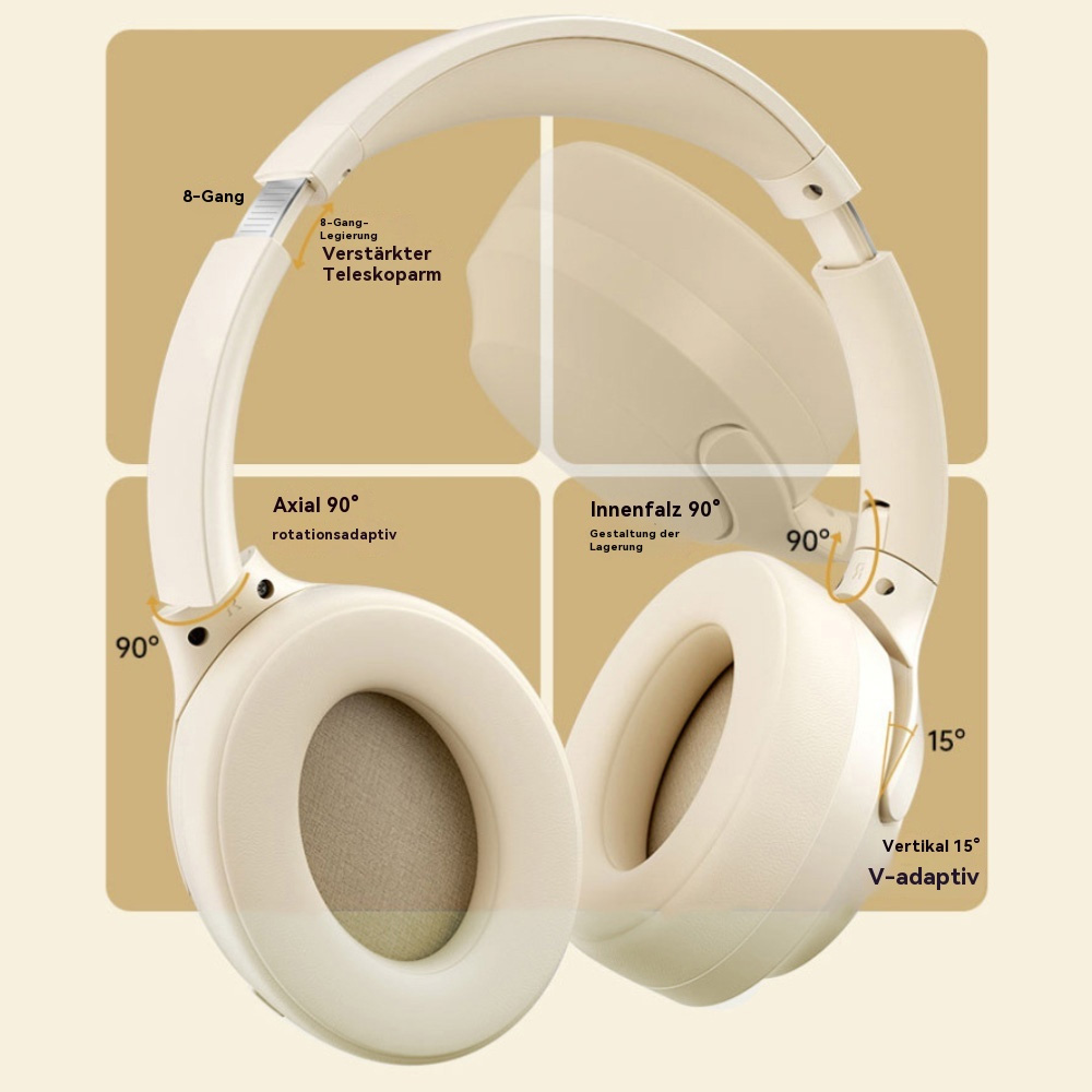 Beige Kopfhörer mit beschrifteten Einstellpunkten, schräge Ansicht. Designelemente sind mit Anmerkungen hervorgehoben.