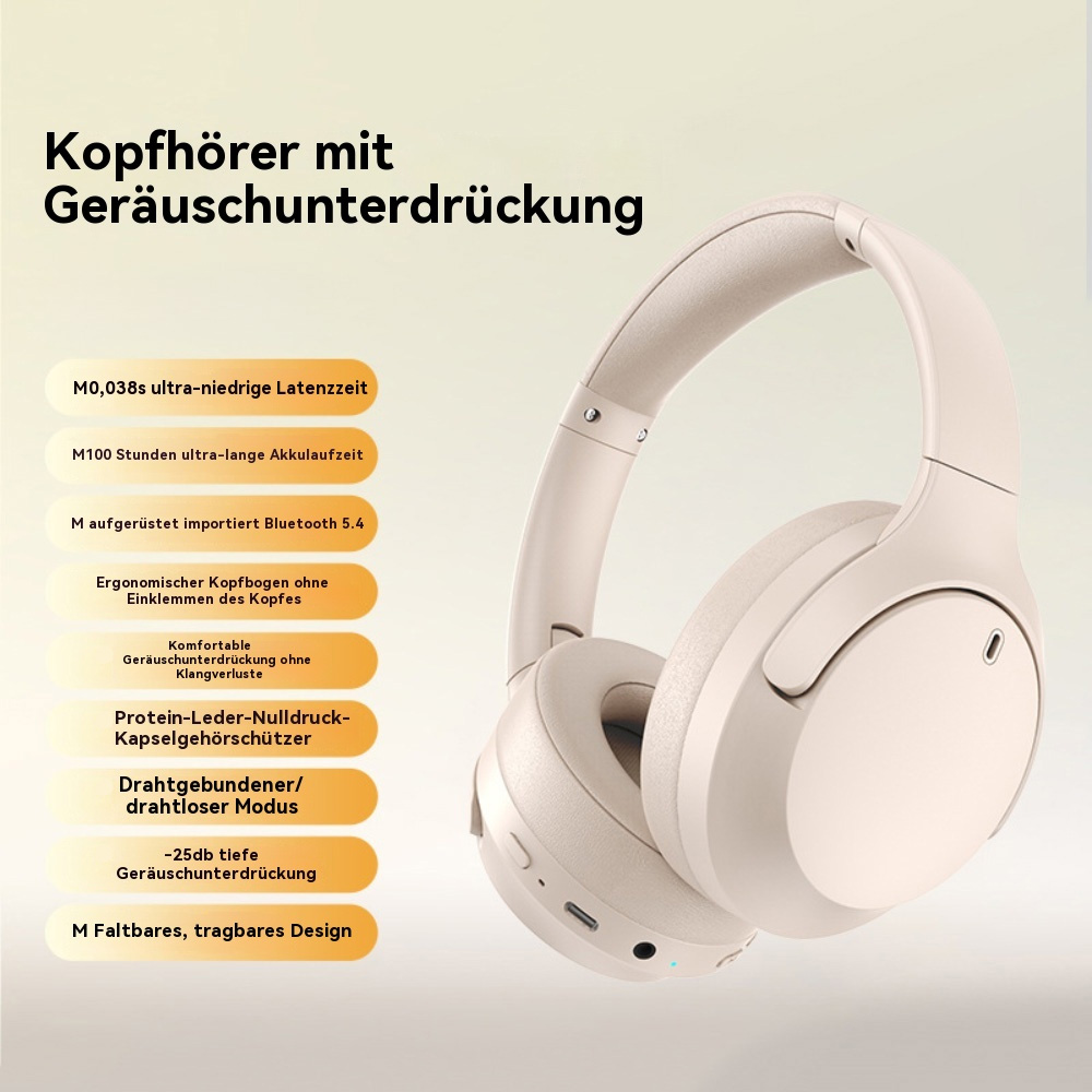 Beige Kopfhörer mit Text, der Funktionen wie Geräuschunterdrückung und lange Akkulaufzeit beschreibt.