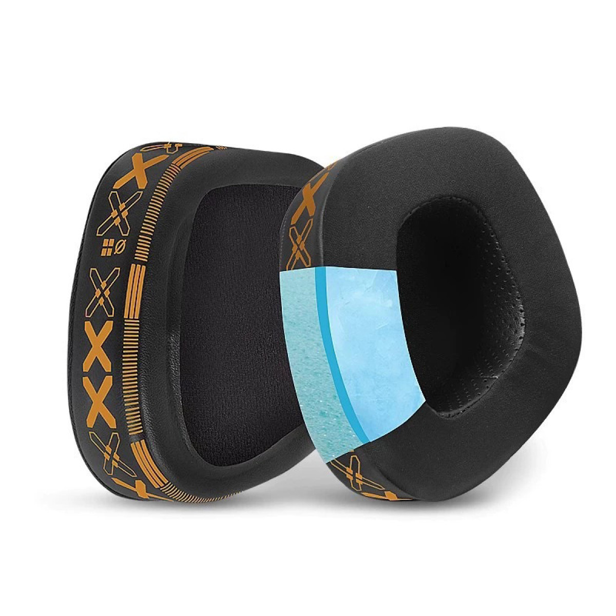 Ohrpolster für Kopfhörer, schwarz mit orangefarbenen Akzenten und einer blauen Innenschicht.
