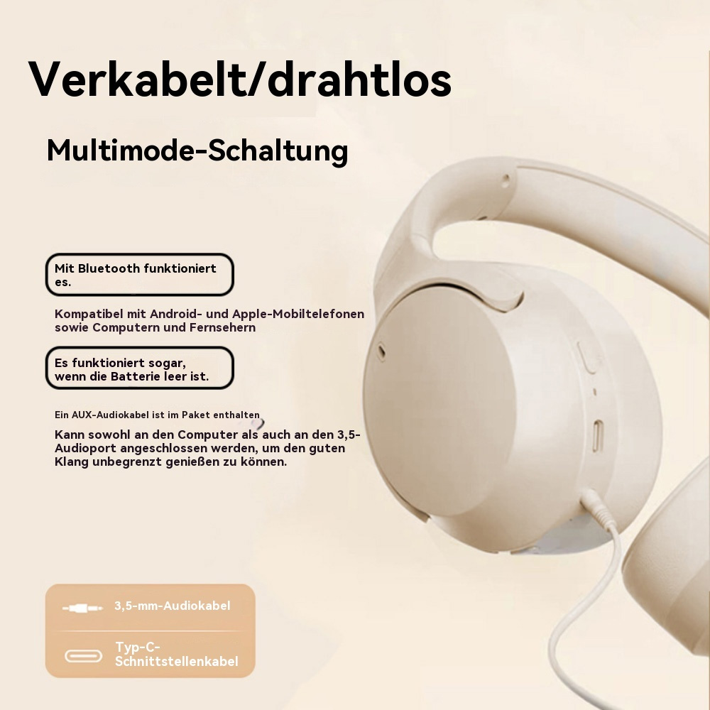 Drahtlose Kopfhörer, beige, mit Kabel. Text beschreibt Bluetooth- und kabelgebundene Nutzung.