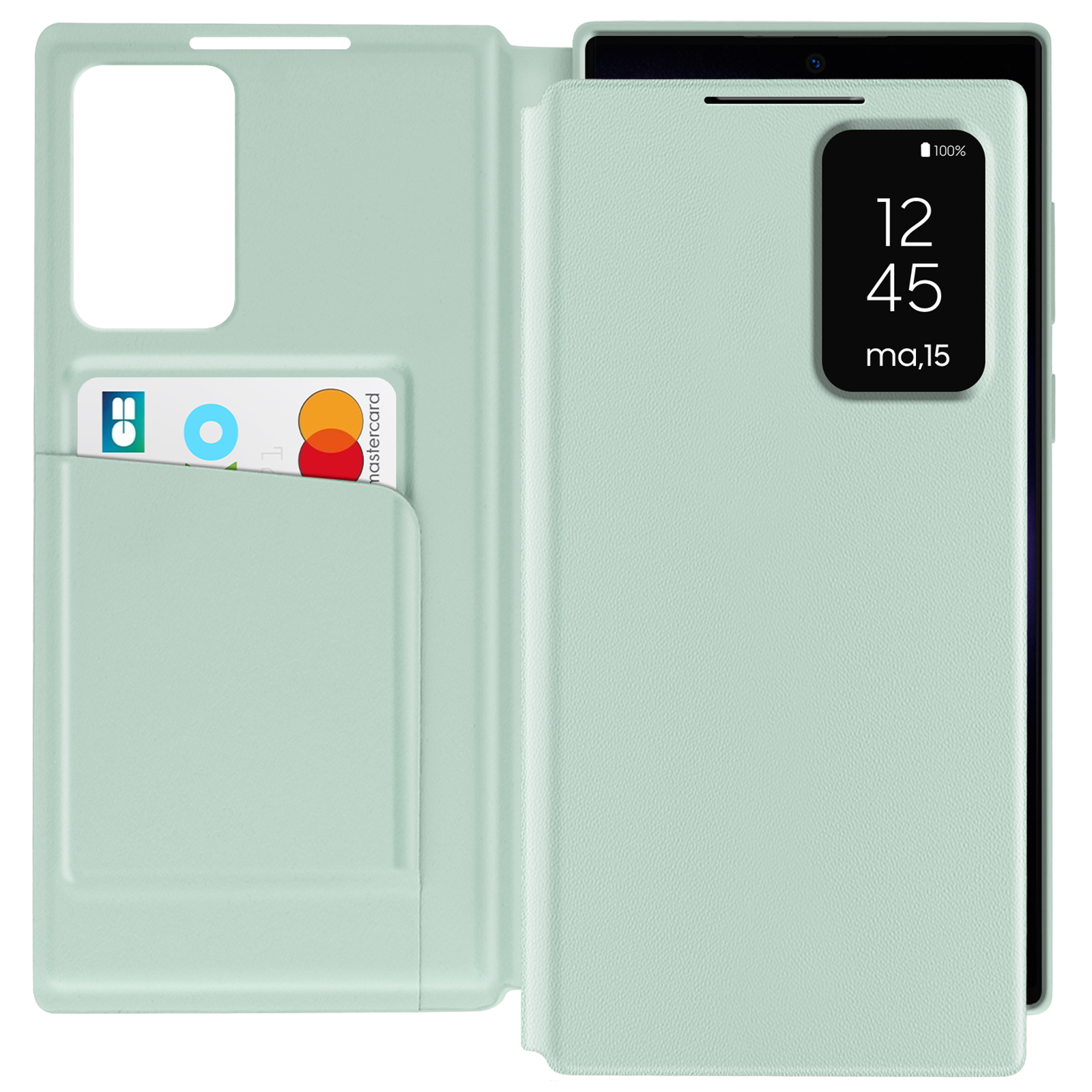 Una custodia per telefono color menta con uno slot per schede, che mostra un telefono con orologio e percentuale batteria.