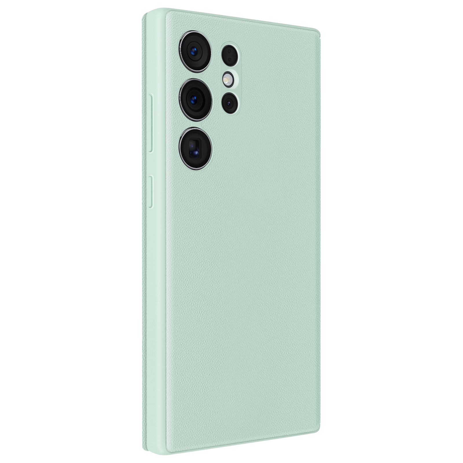Una custodia per telefono verde chiaro con tre obiettivi e un flash in alto a sinistra.