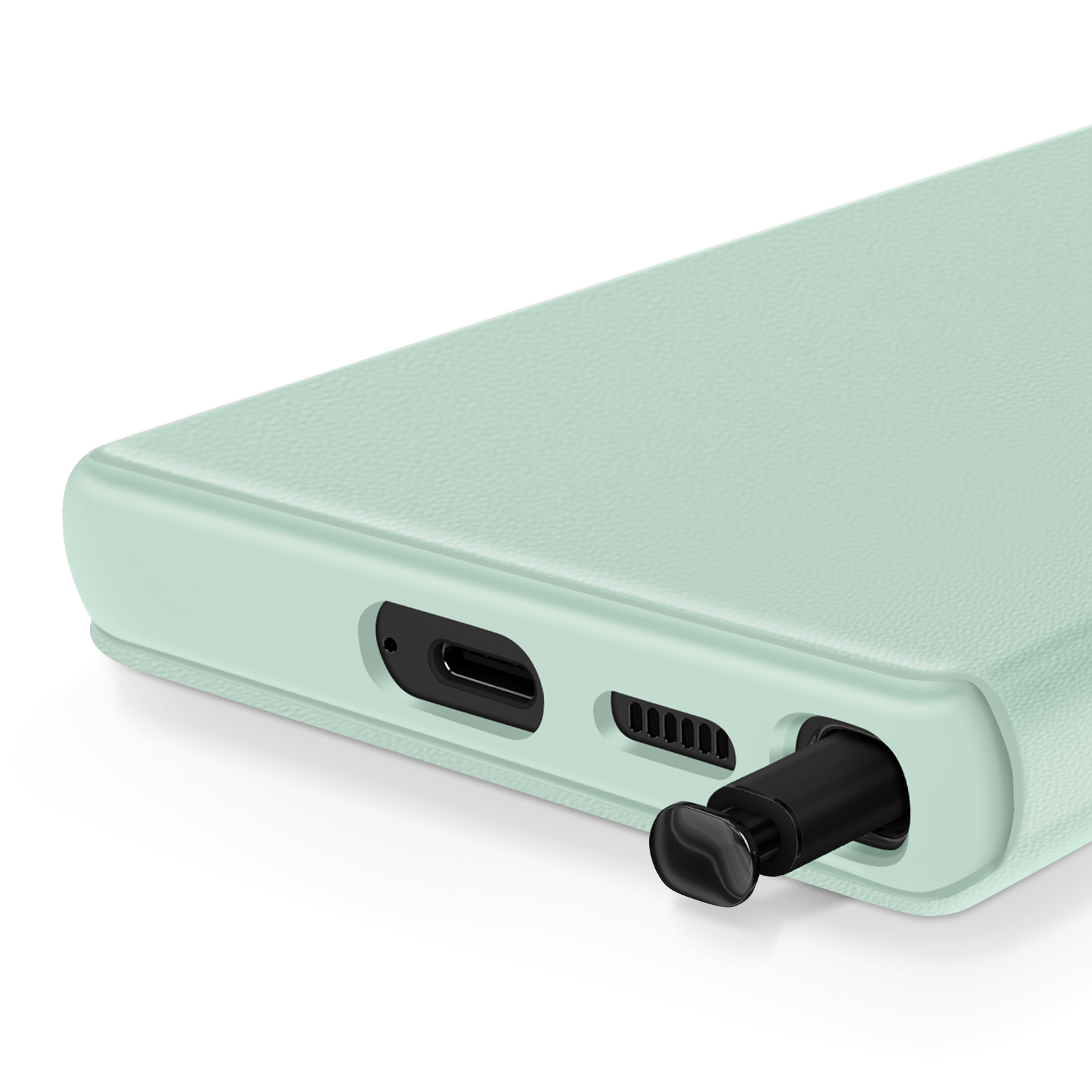 Primo piano di un telefono verde chiaro con una penna. La penna è nera e inserita nel telefono.