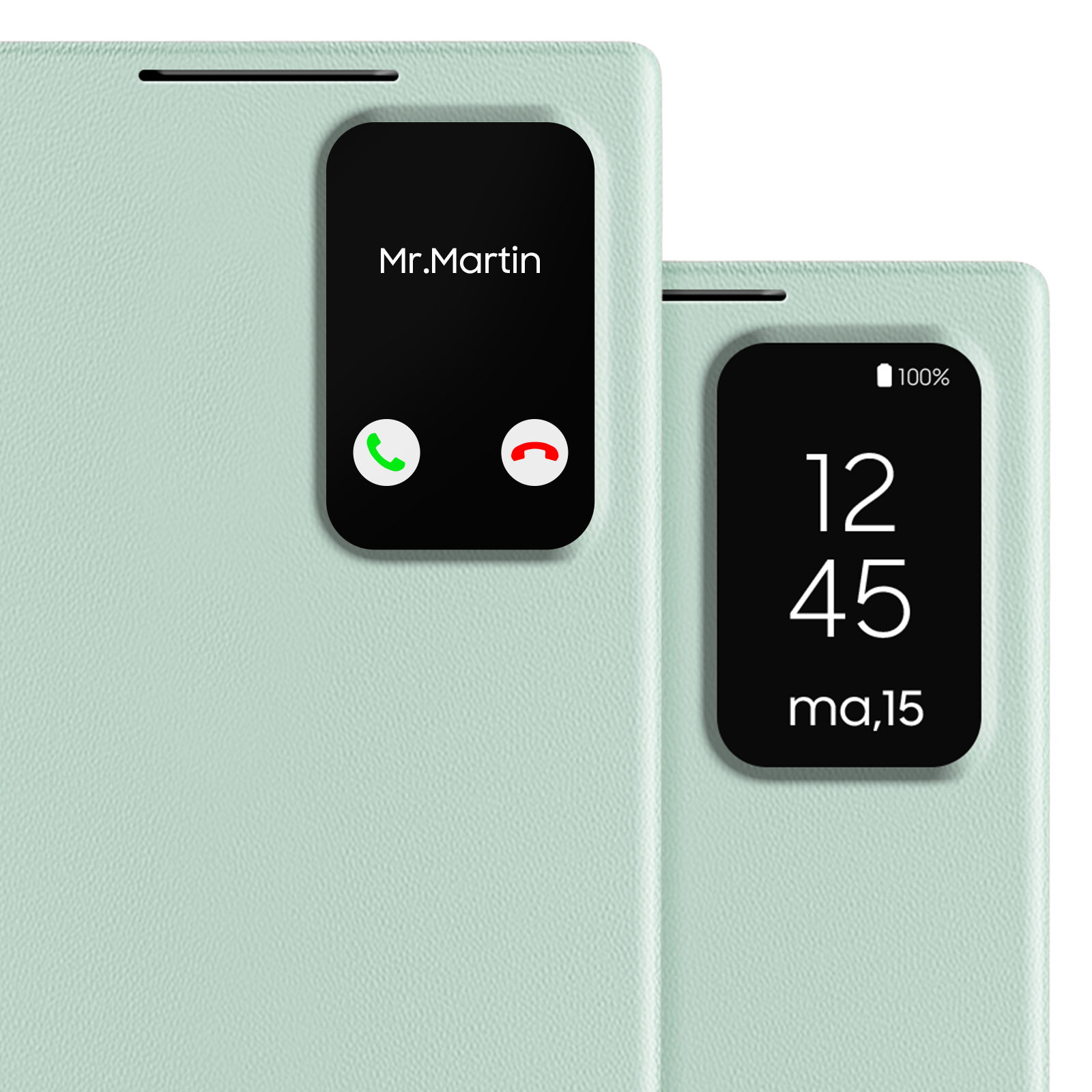 Primo piano di una custodia per telefono verde chiaro con uno schermo che mostra un'interfaccia di chiamata.