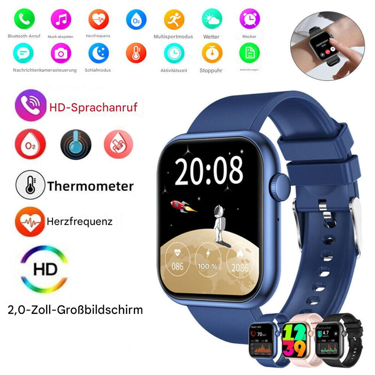 Eine blaue Smartwatch mit großem Bildschirm, der die Uhrzeit und eine Rakete anzeigt. Viele Funktionssymbole befinden sich links.