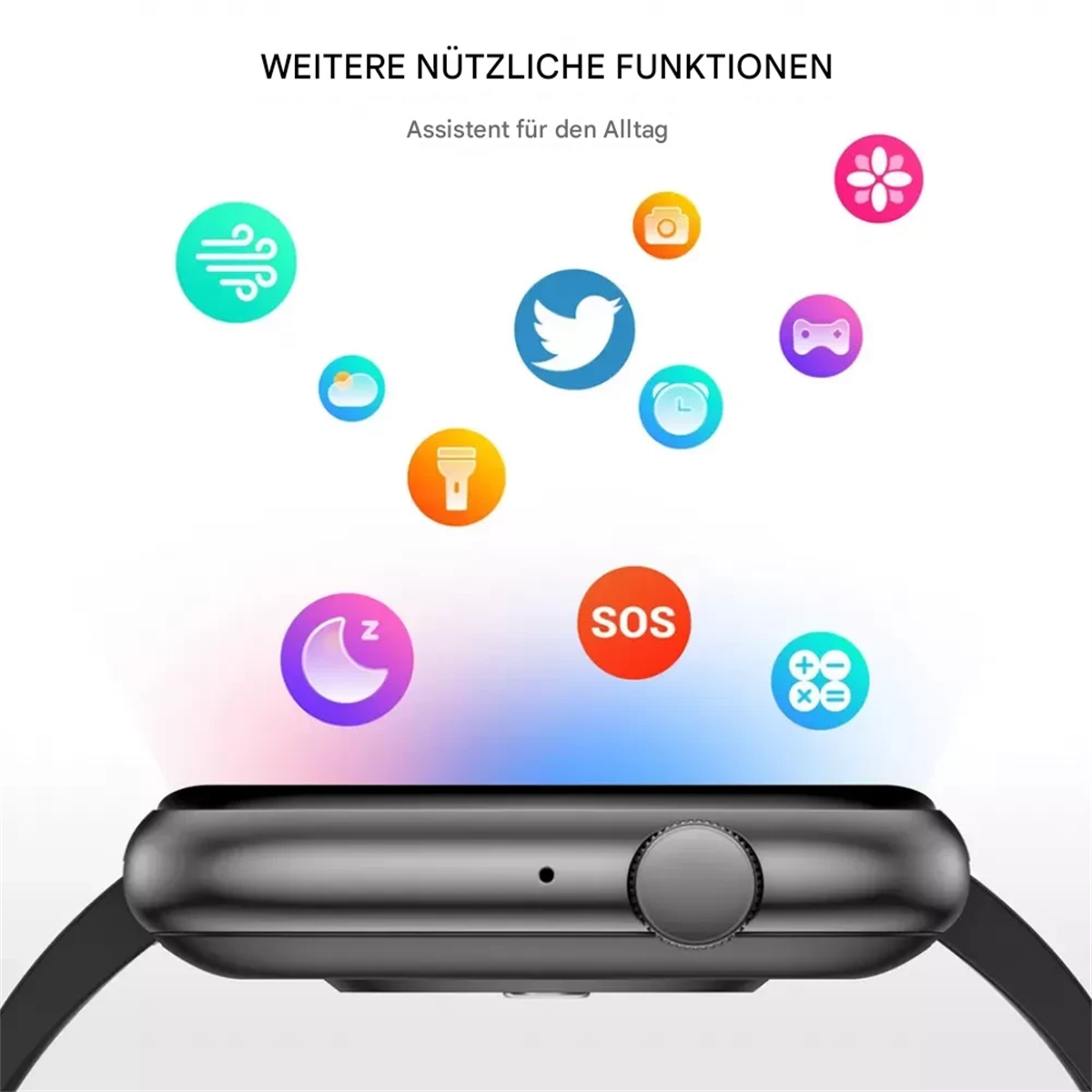 Eine Smartwatch mit mehreren App-Symbolen, die darüber schweben, was verschiedene Funktionen anzeigt.