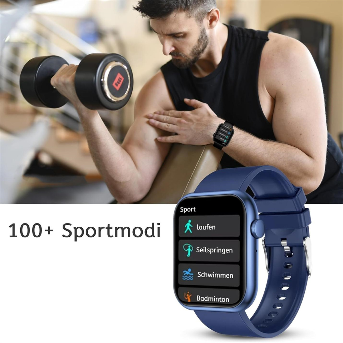 Mann mit Kurzhantel, Smartwatch mit Sportmodi: Laufen, Springen, Schwimmen, Badminton.