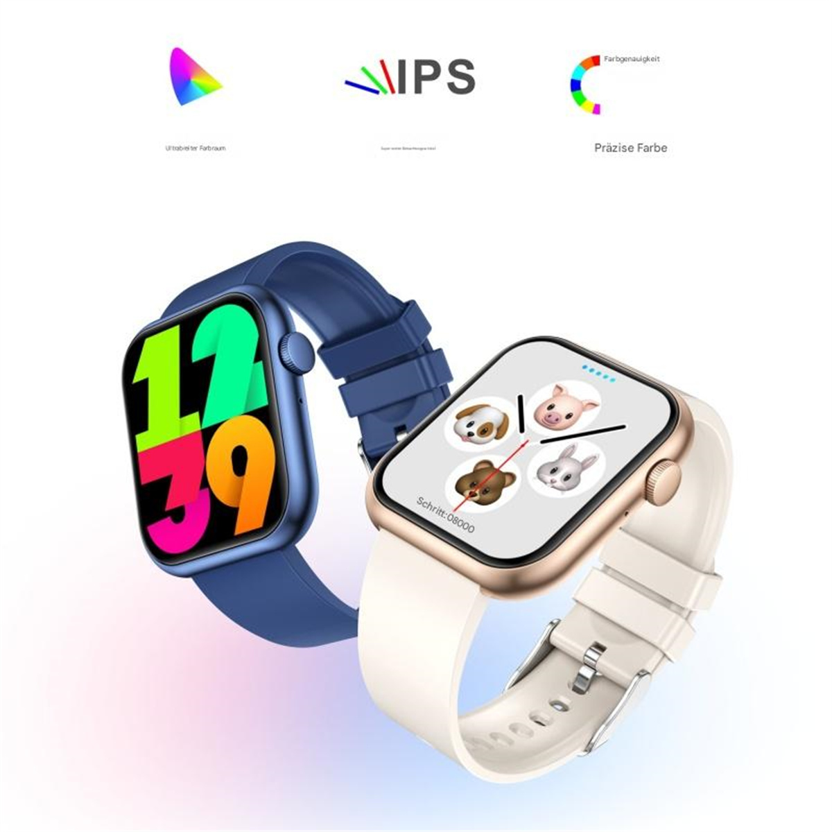 Zwei Smartwatches, eine blaue und eine weiße, mit unterschiedlichen Displays. Die Uhren haben Touchscreens und passende Armbänder.