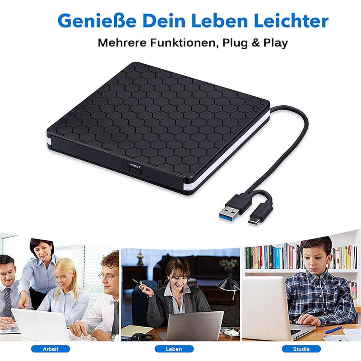 Schwarzes Gerät mit sechseckigem Muster und USB-Kabel, verwendet in verschiedenen Kontexten, wie Arbeit und Studium.
