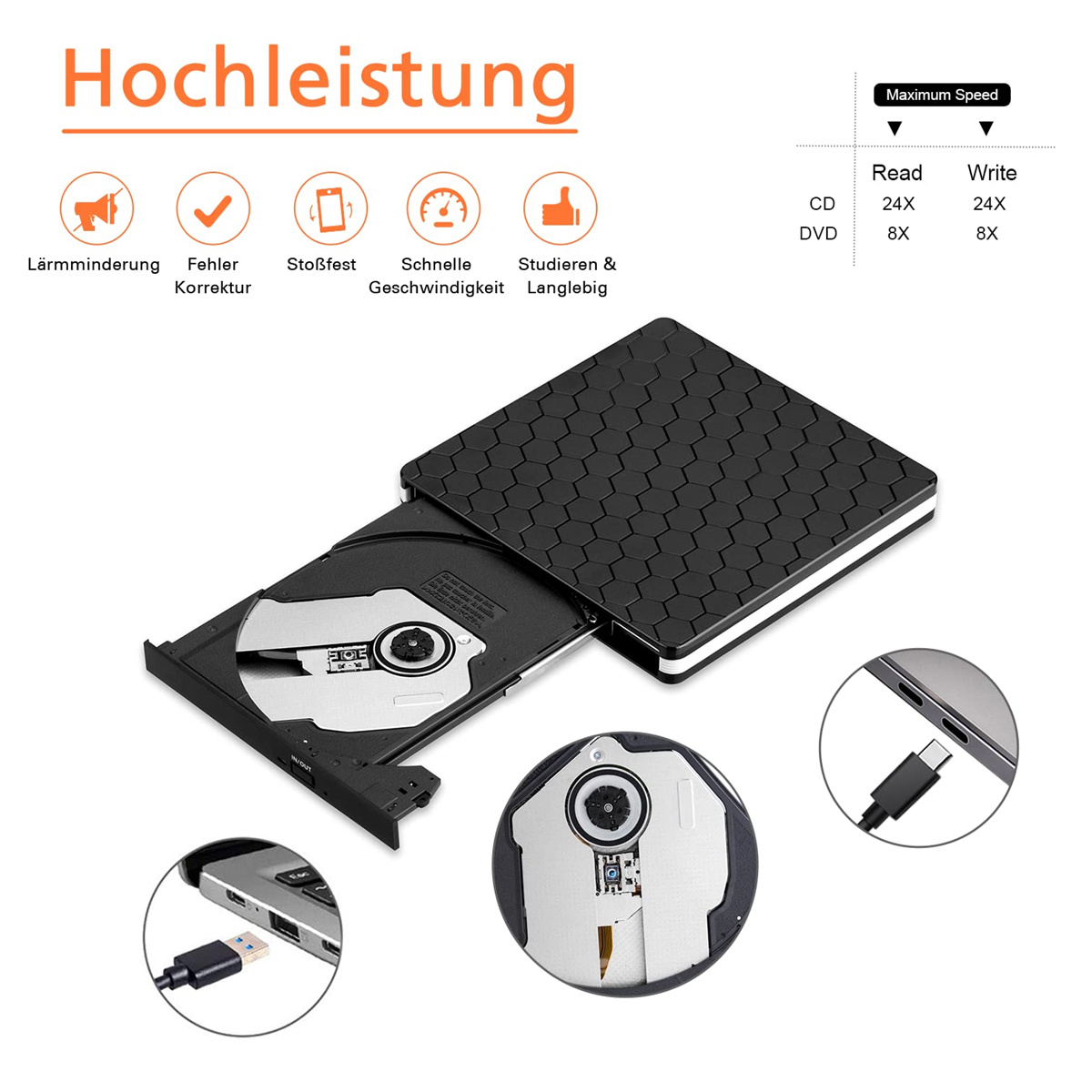 Geöffnetes CD/DVD-Laufwerk mit schwarzem Deckel, Symbolen und Informationen zur Höchstgeschwindigkeit.
