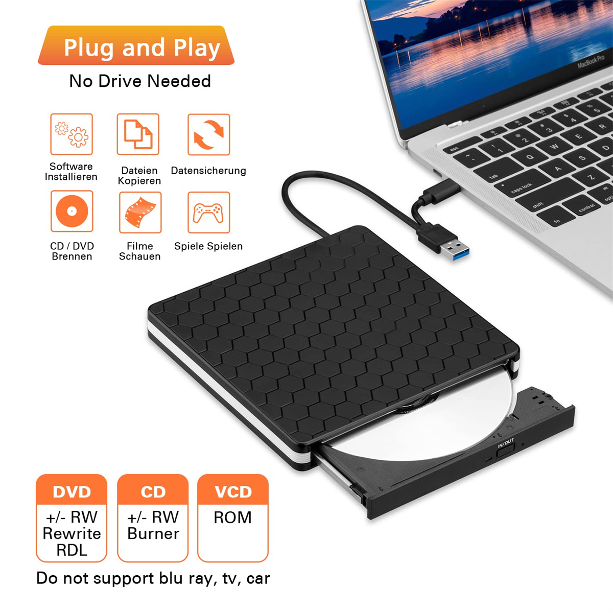 Externer DVD-Brenner mit eingelegter Disc, an einen Laptop angeschlossen. Text: Plug and Play, kein Laufwerk erforderlich.