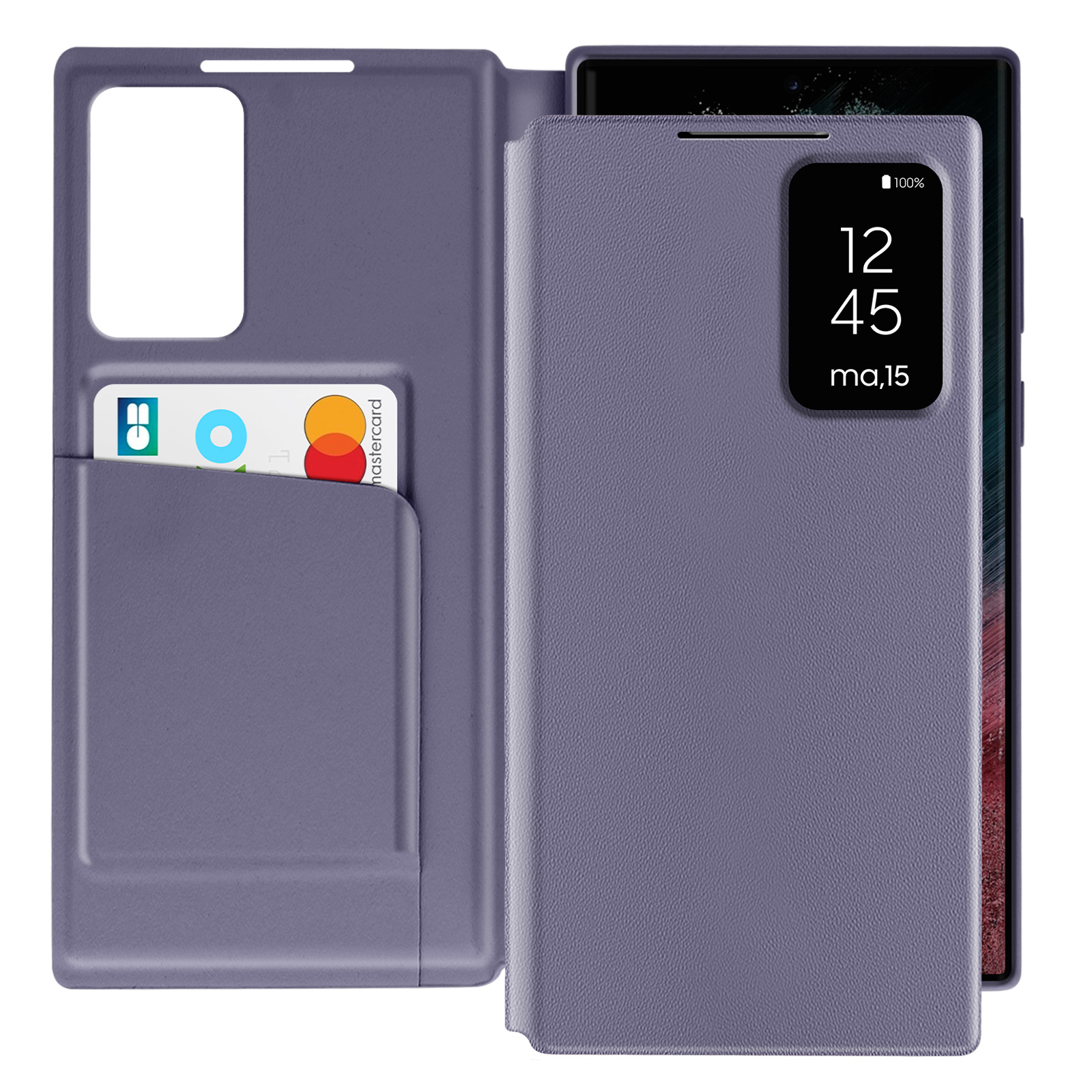 Custodia viola per telefono con smartphone e carta di credito.