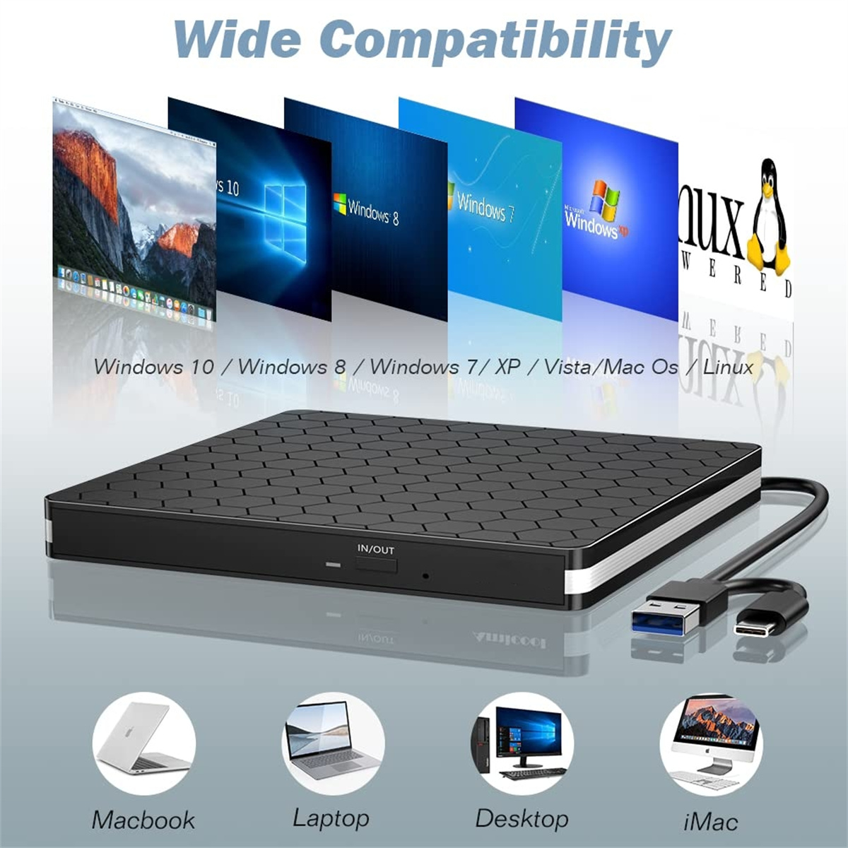 Schwarze externe Festplatte mit USB-Kabel, Computer-Icons und Logos von Windows und Linux.