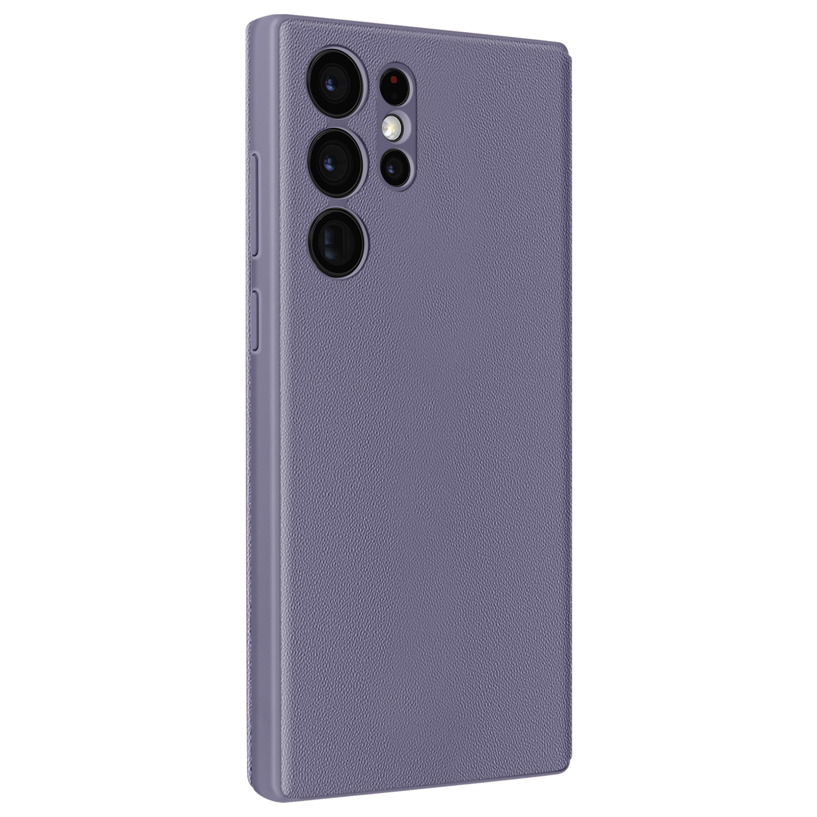 Custodia per telefono viola, tre obiettivi della fotocamera e superficie.