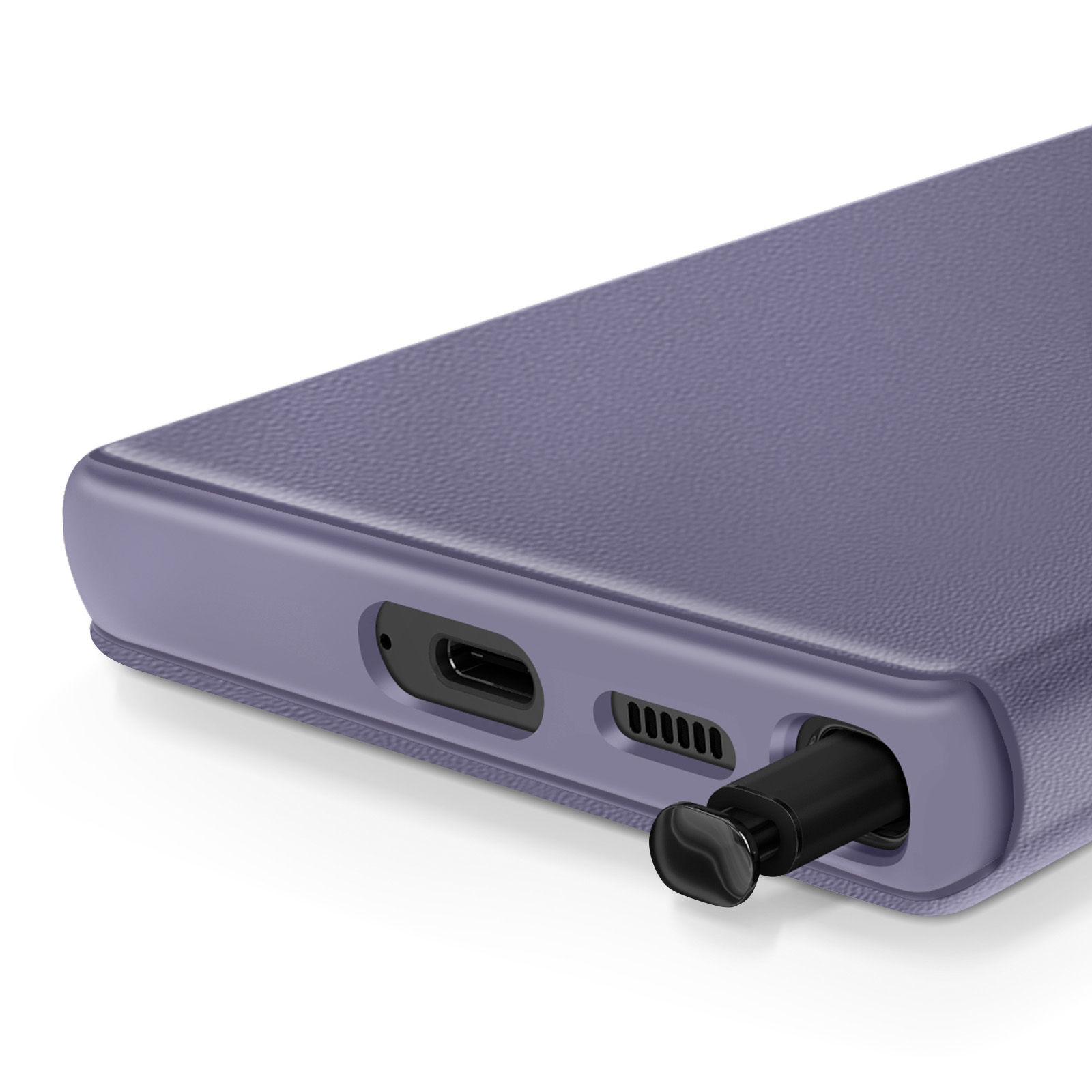 Vista ravvicinata di una custodia per telefono viola con pennino inserito e porta.