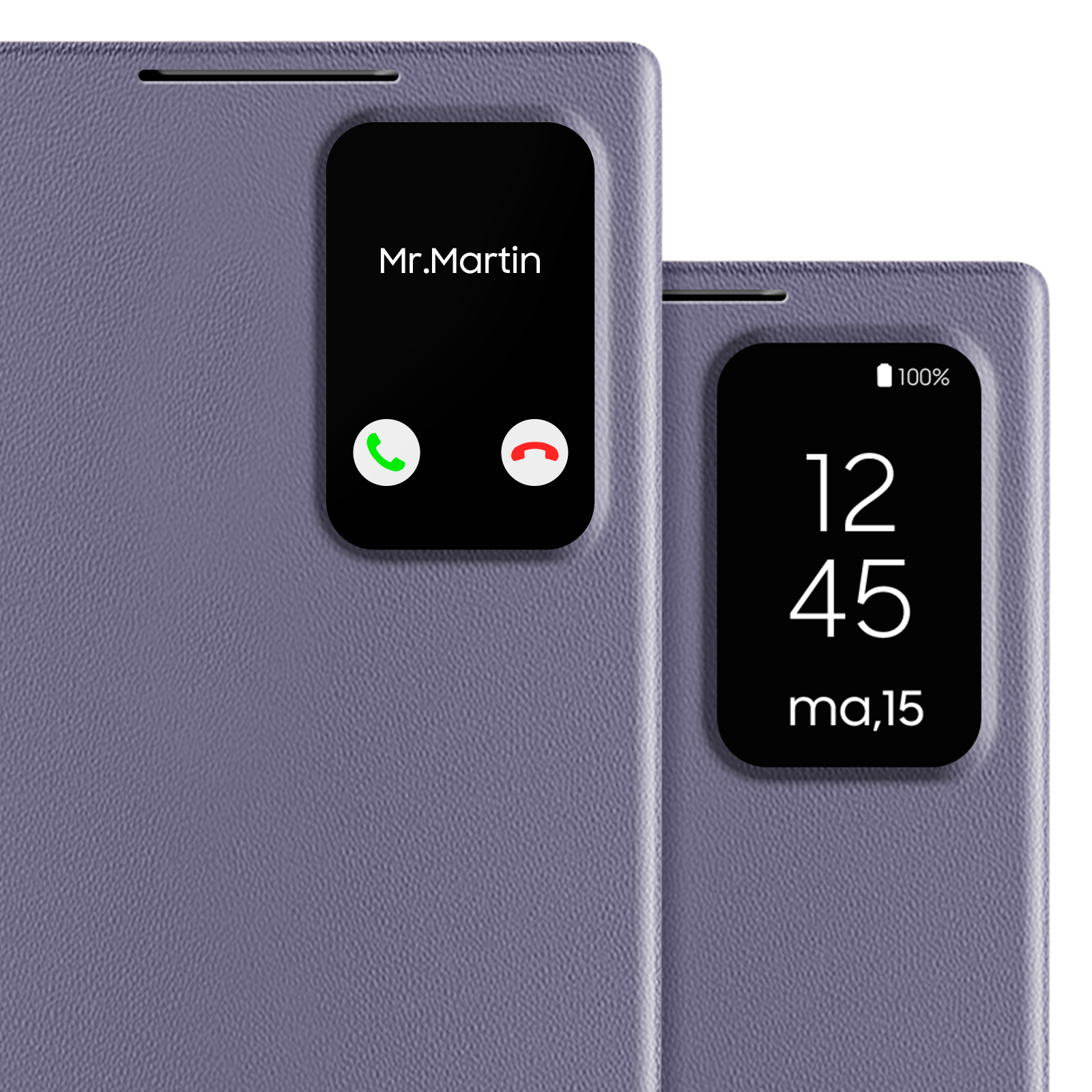 Una custodia per telefono viola che mostra una schermata di chiamata in arrivo con nome del contatto e pulsanti.