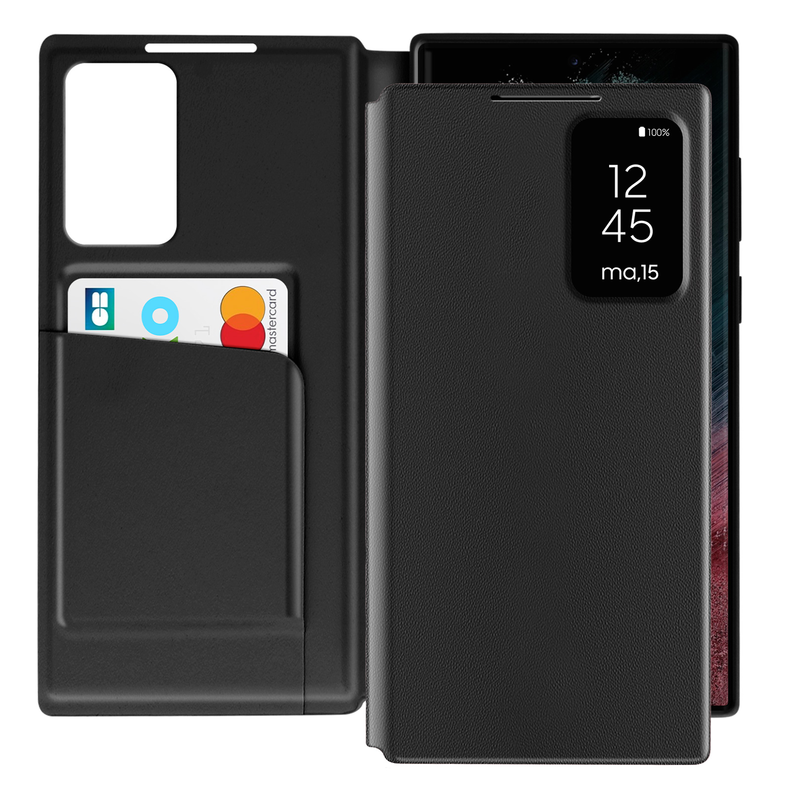 Custodia per telefono nera con scomparti per carte e un telefono. Mostra ora e batteria.