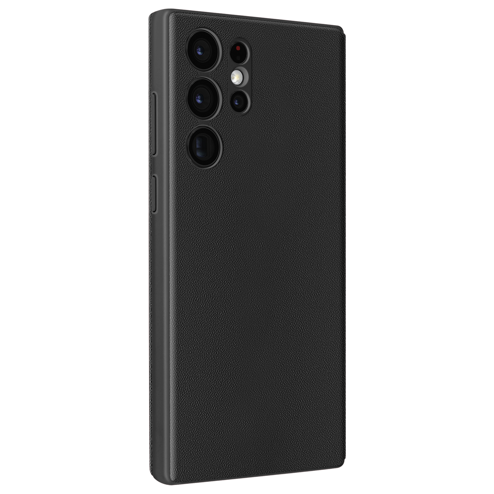 Una custodia per telefono nera con una superficie strutturata. Ha lenti della fotocamera e pulsanti, mostrando un design elegante.