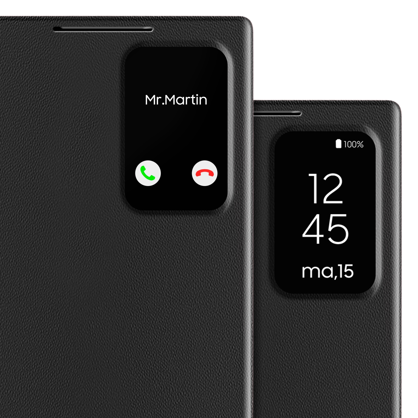 Una custodia per telefono nera con uno schermo che mostra una chiamata in arrivo dal sig. Martin e un orologio che segna le 12:45.