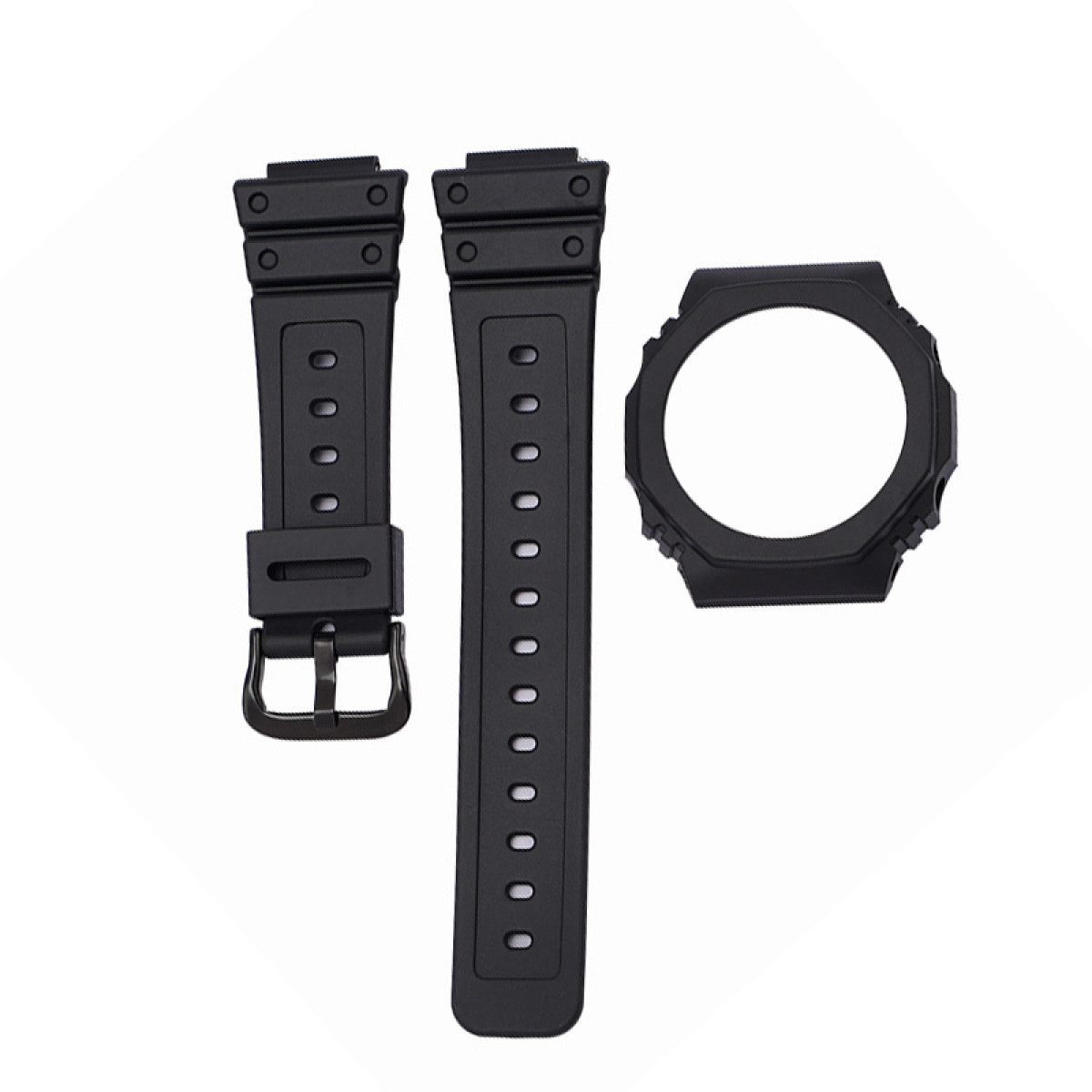 Schwarze Armband- und Gehäuseteile. Das Set enthält zwei Armbänder und einen Gehäuserahmen.