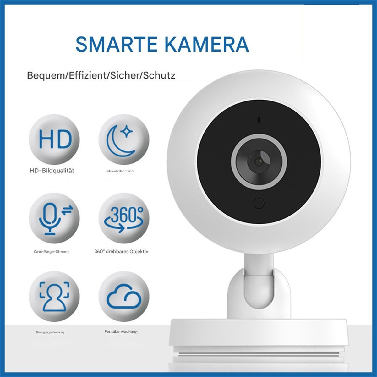 Weiße Smart-Kamera mit schwarzem Objektiv. Symbole für HD, Nachtsicht, Stimme, 360° und Cloud sind vorhanden.