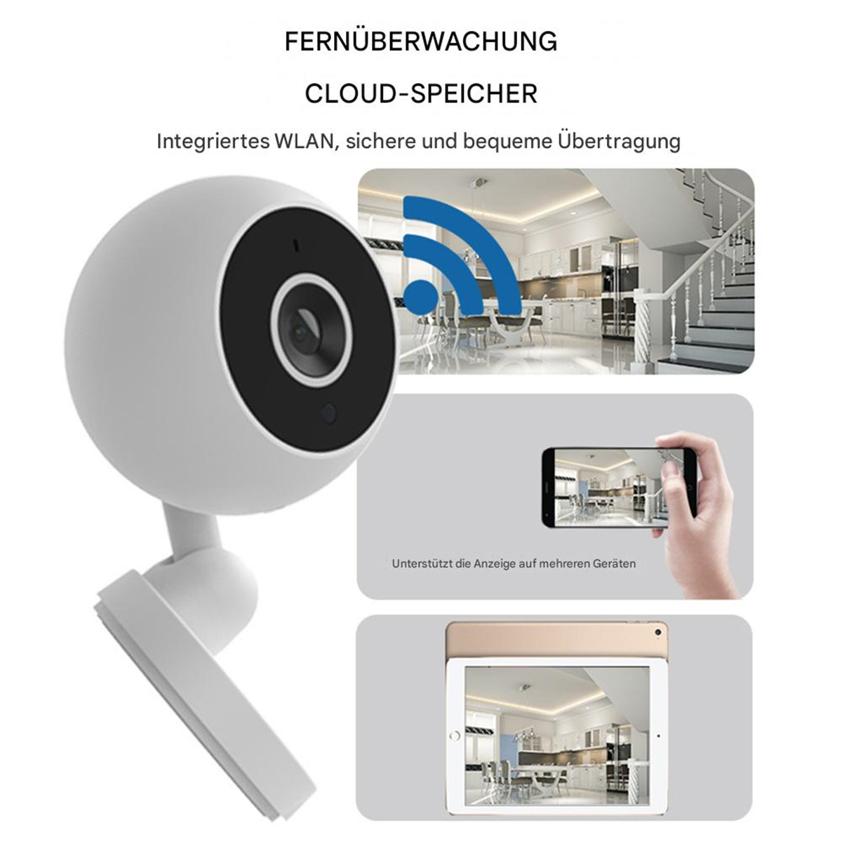 Weiße Überwachungskamera mit Blick auf eine Küche und Treppe. Text über Cloud-Speicher und WLAN.