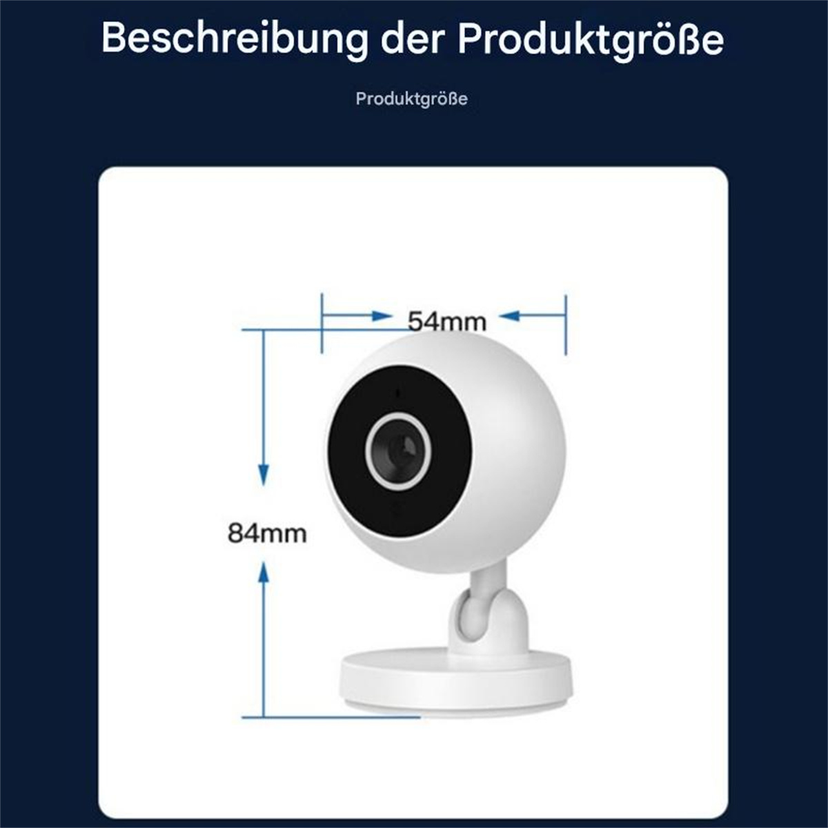Weiße Überwachungskamera mit Abmessungen. Text auf Deutsch. Dunkelblauer Hintergrund mit weißem Text.