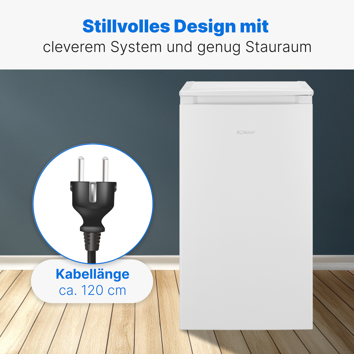 Weißer Kühlschrank mit schwarzem Netzstecker. Enthält Funktionen wie Stauraum.