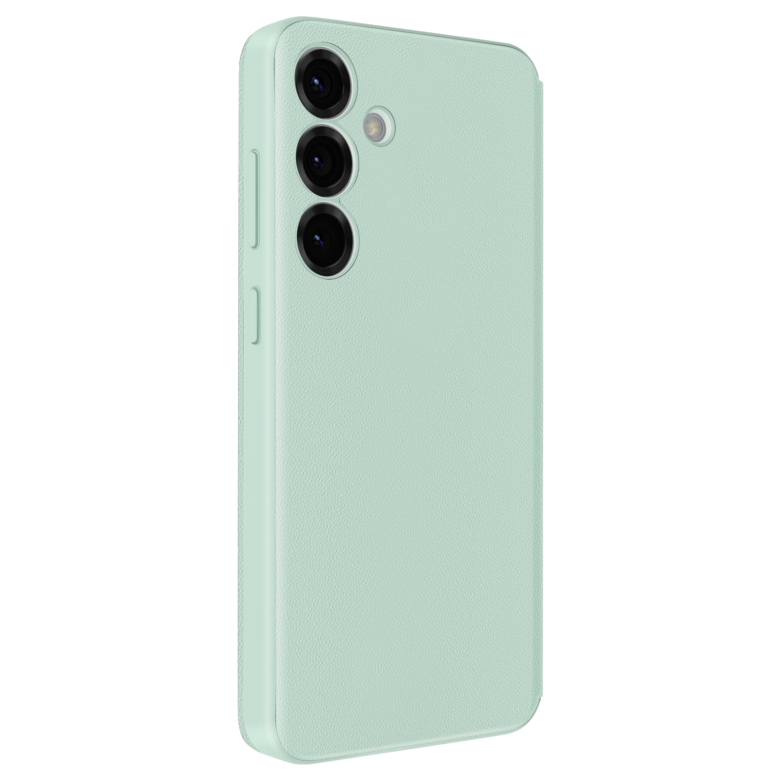 Custodia per telefono verde chiaro. Ci sono tre obiettivi della fotocamera sul retro.