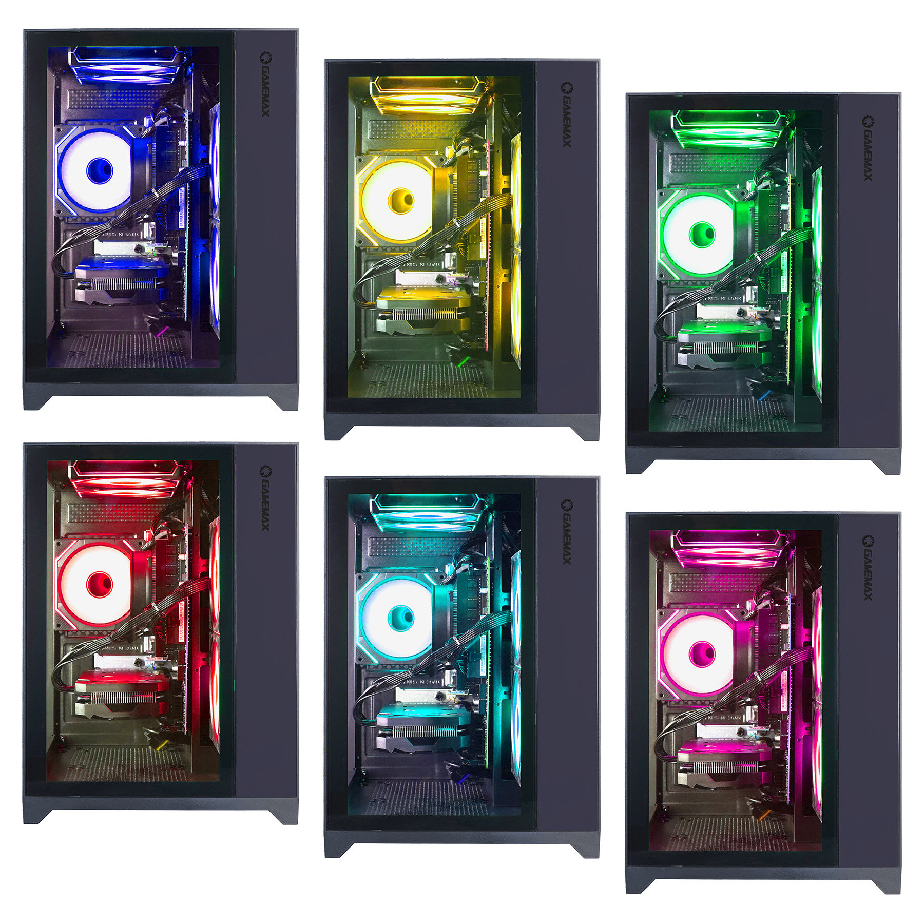 Sechs PC-Gehäuse mit unterschiedlich farbigen LED-Leuchten.