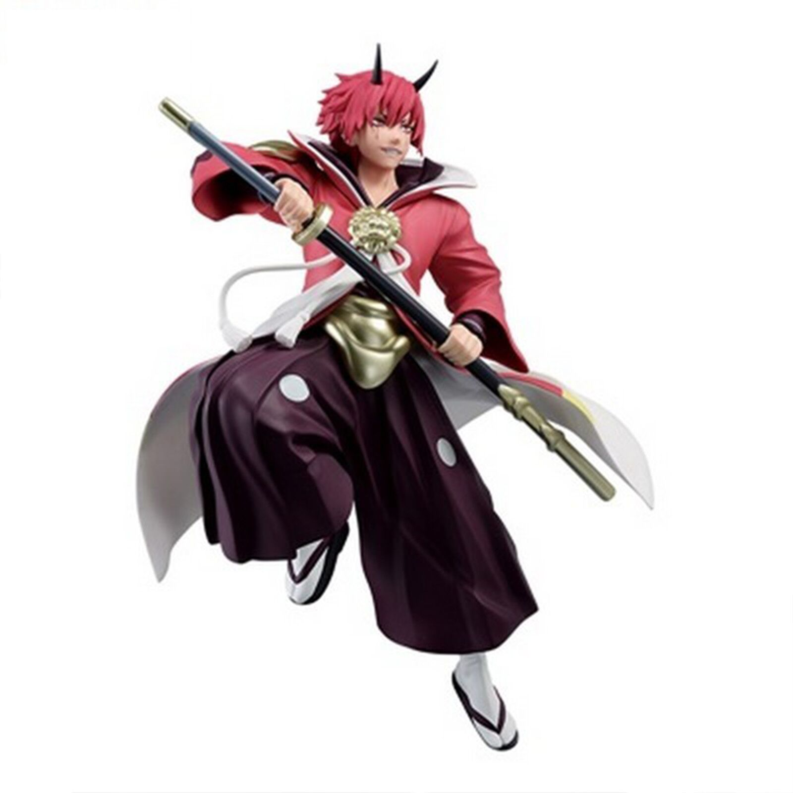 Una figura de anime de un personaje con cabello rojo y cuernos, sosteniendo una katana. Viste un atuendo rojo.
