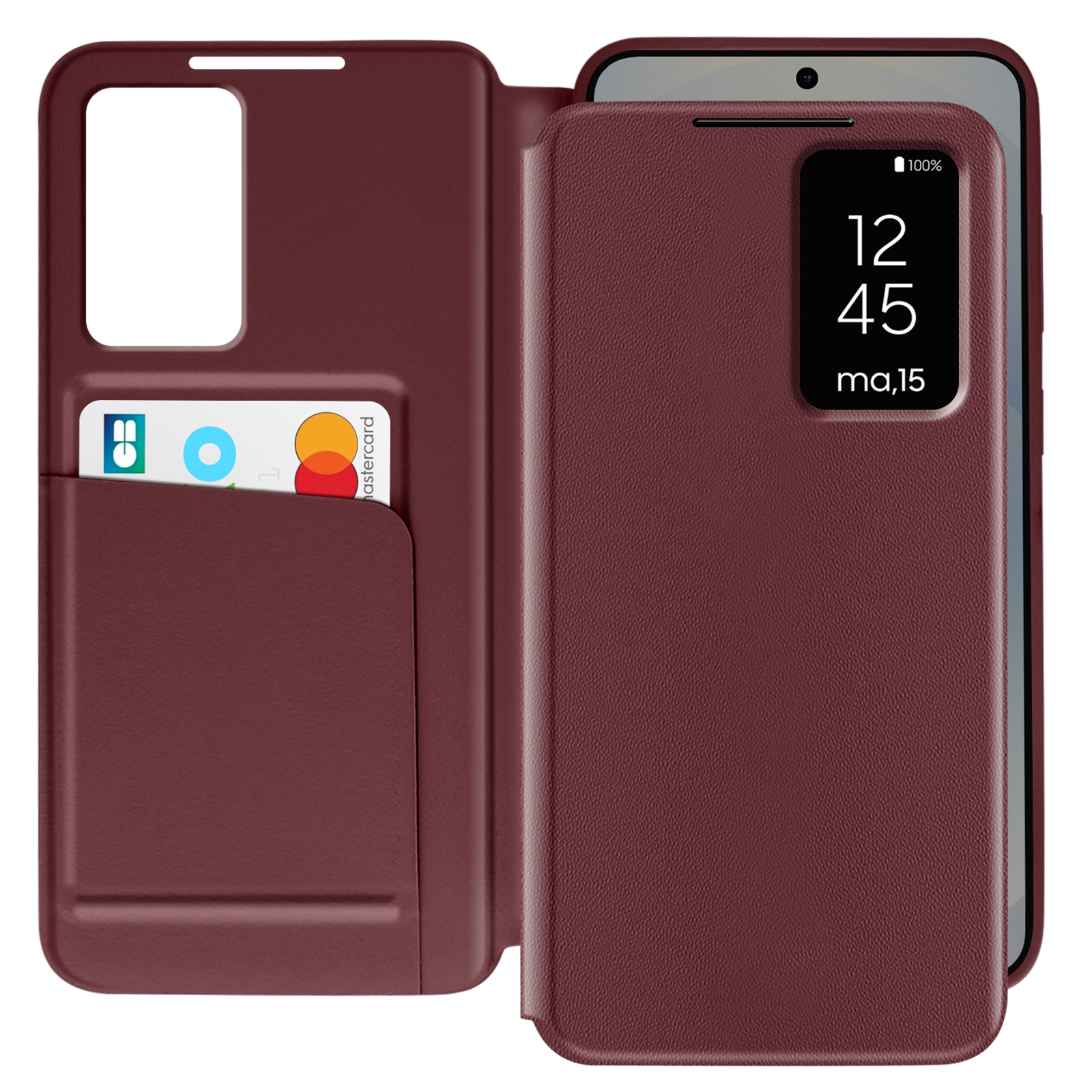 Custodia per telefono bordeaux con fessure per carte, aperta per rivelare uno schermo con ora e batteria.