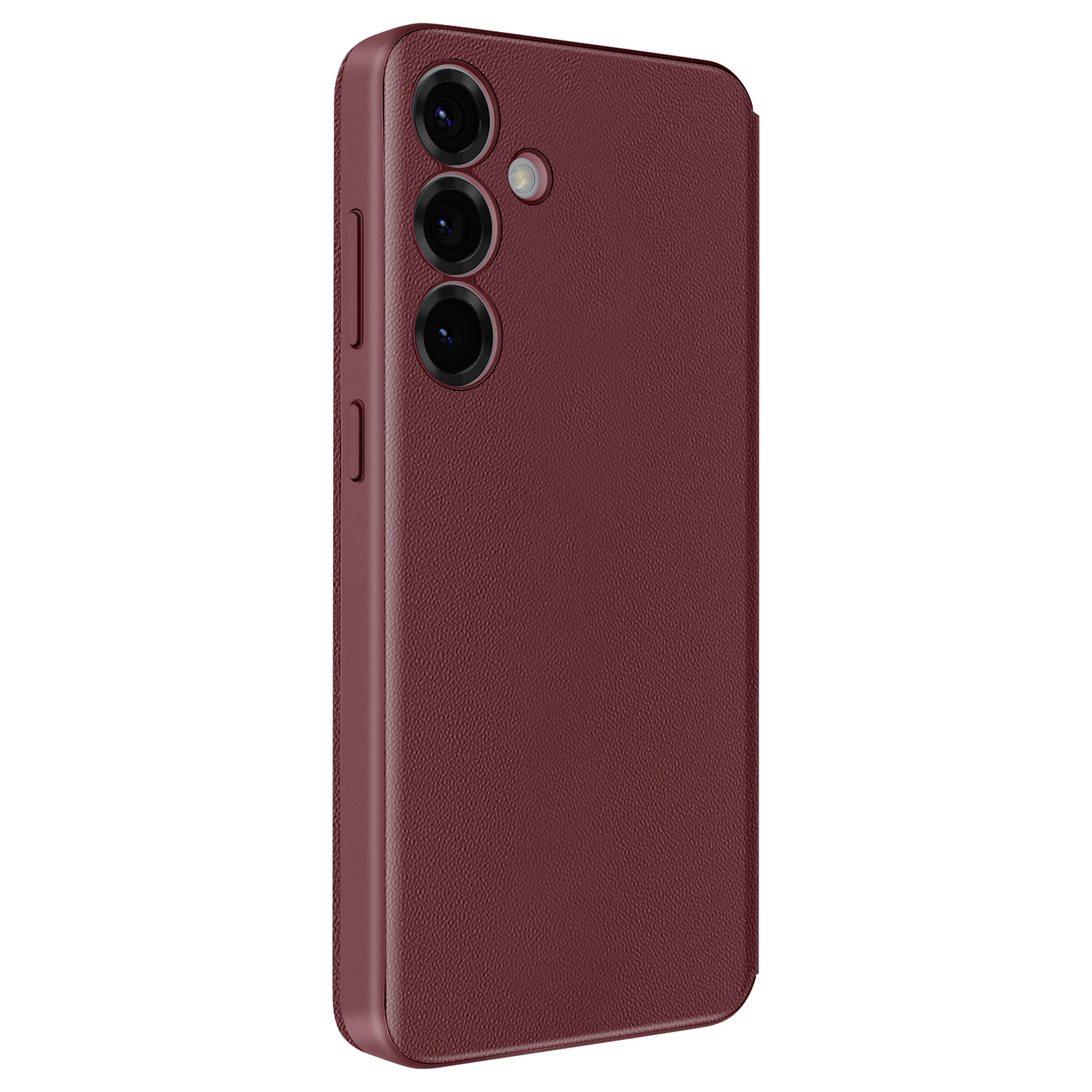 Custodia per telefono amaranto con tre obiettivi della fotocamera, vista laterale.