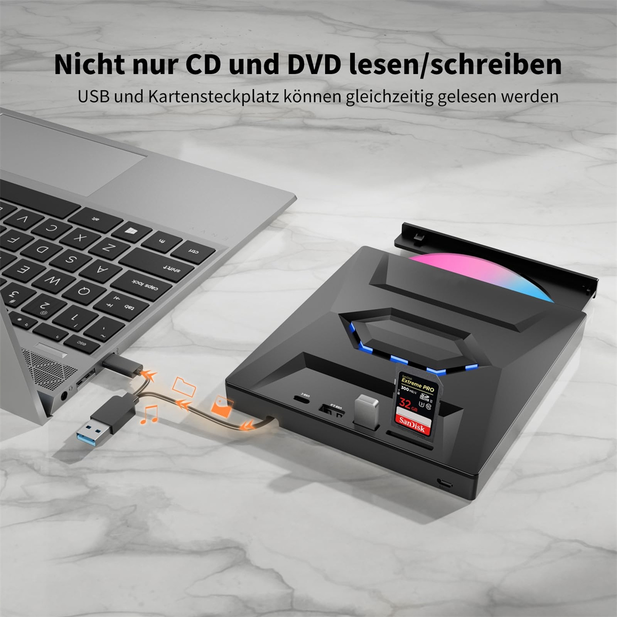 Laptop mit einem schwarzen DVD/CD-Brenner verbunden. Ein USB-Kabel und eine Speicherkarte sind angeschlossen. Text: CD/DVD und USB lesen.