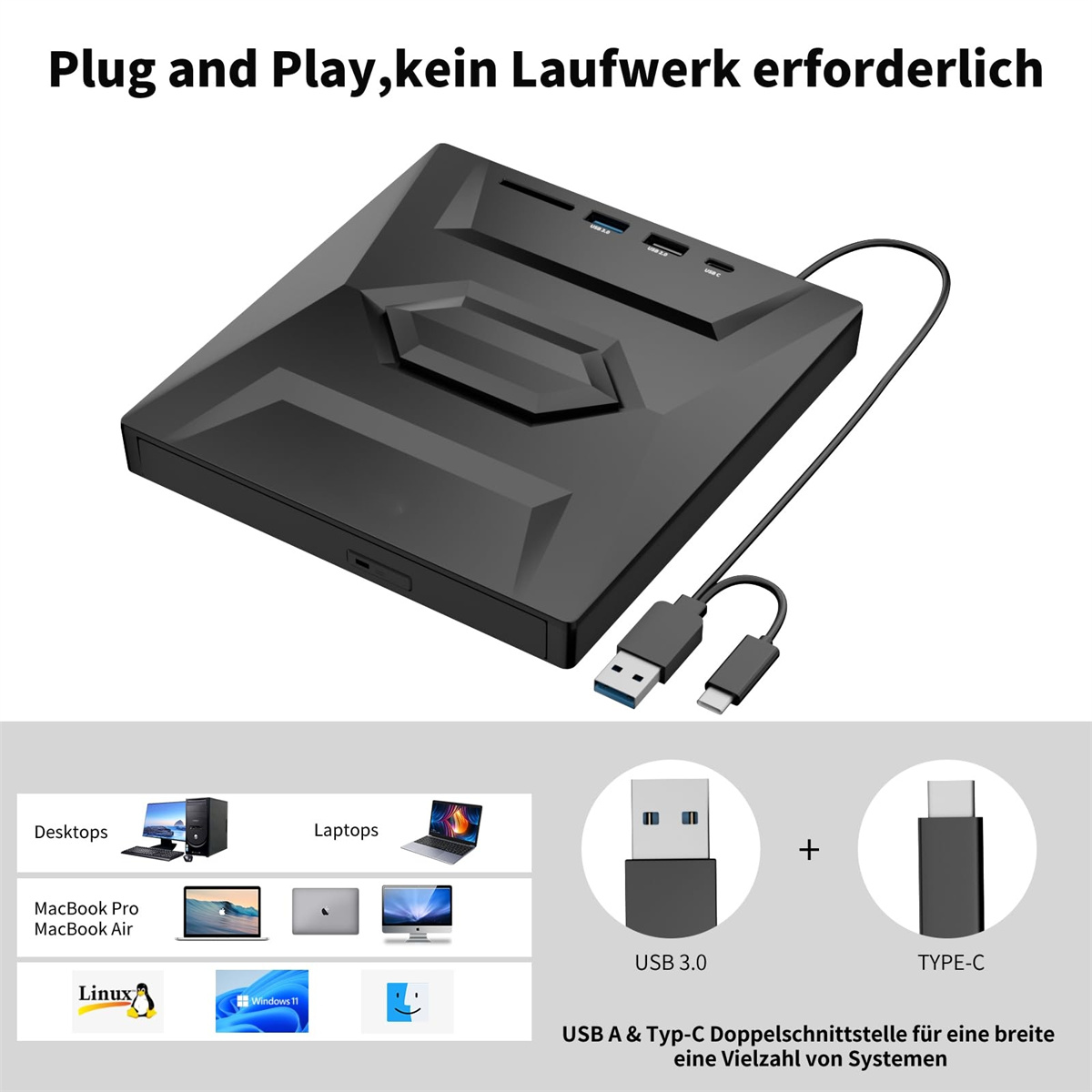 Schwarze externe Festplatte mit USB- und Typ-C-Anschlüssen. Grafiken zeigen Kompatibilität mit verschiedenen Systemen.
