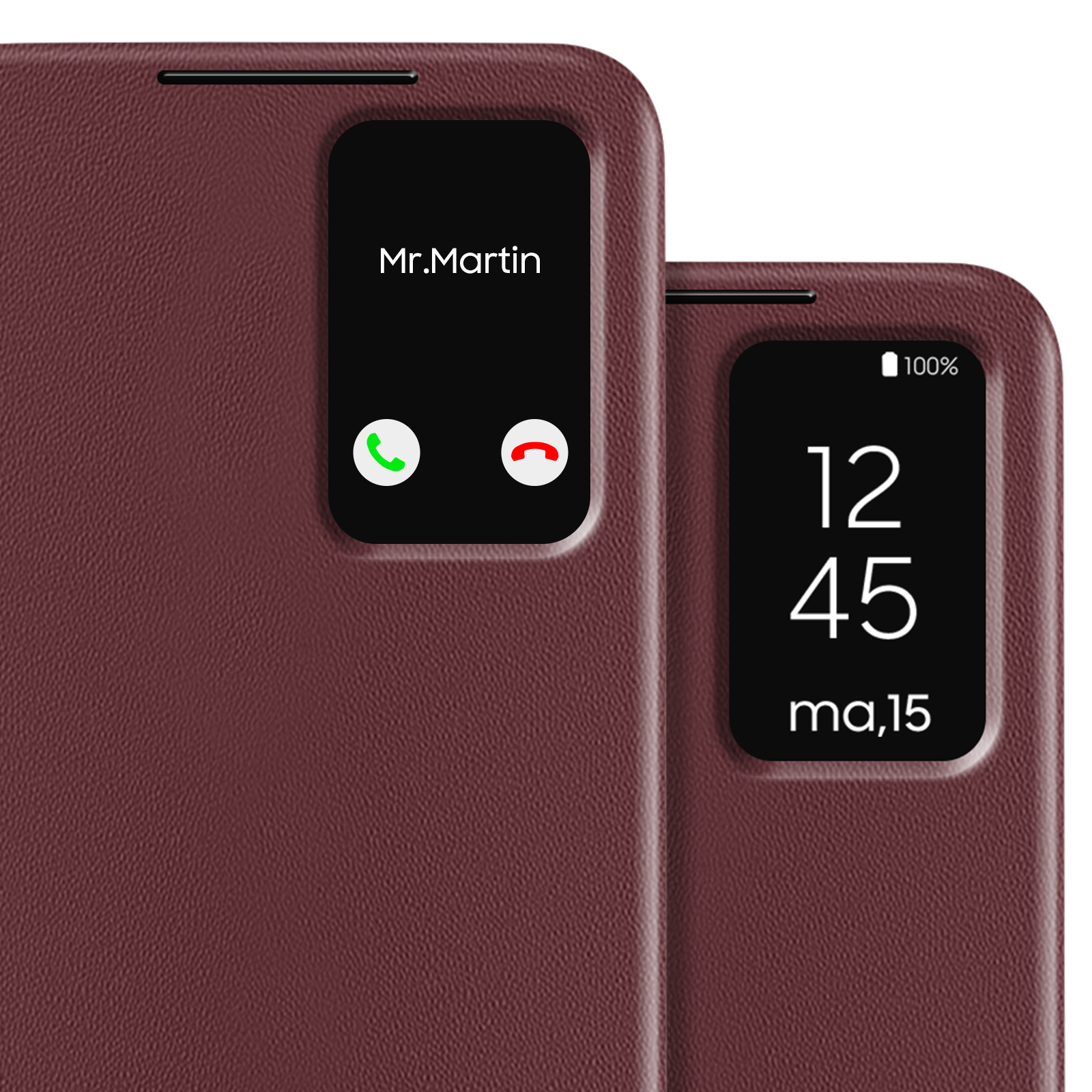 Custodia per telefono con due schermi che mostrano informazioni sulla chiamata e l'ora. Pelle marrone. Sfondo bianco.