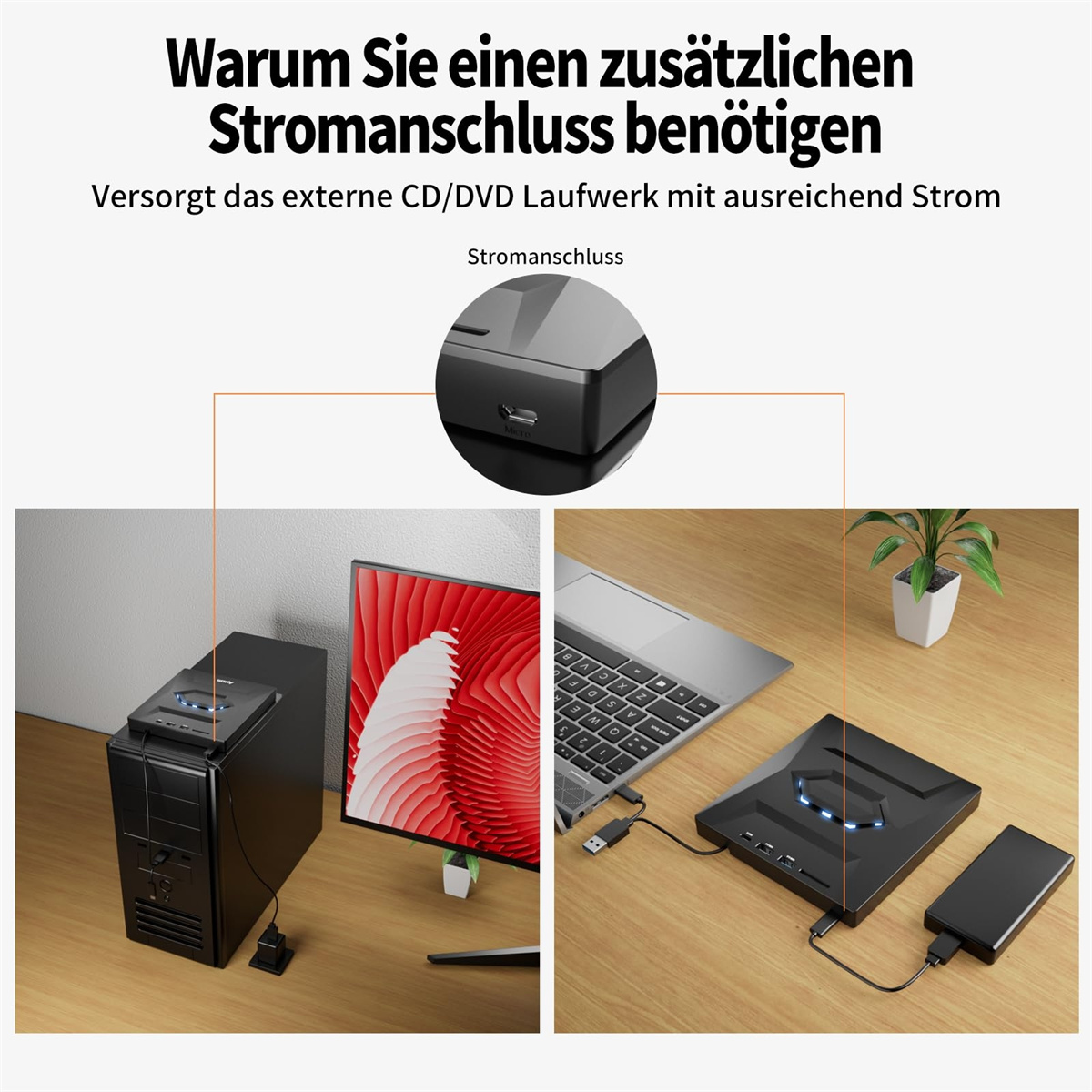 Externes CD/DVD-Laufwerk-Setup. An einen Computer und einen Laptop angeschlossen. Holzschreibtisch.
