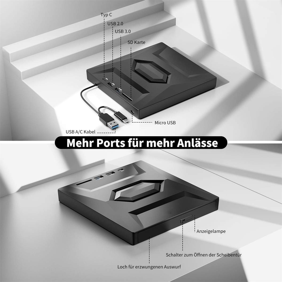 Schwarzes Gerät mit Anschlüssen: Typ C, USB, SD-Karte, Micro-USB. Text: Mehr Ports für mehr Anlässe.