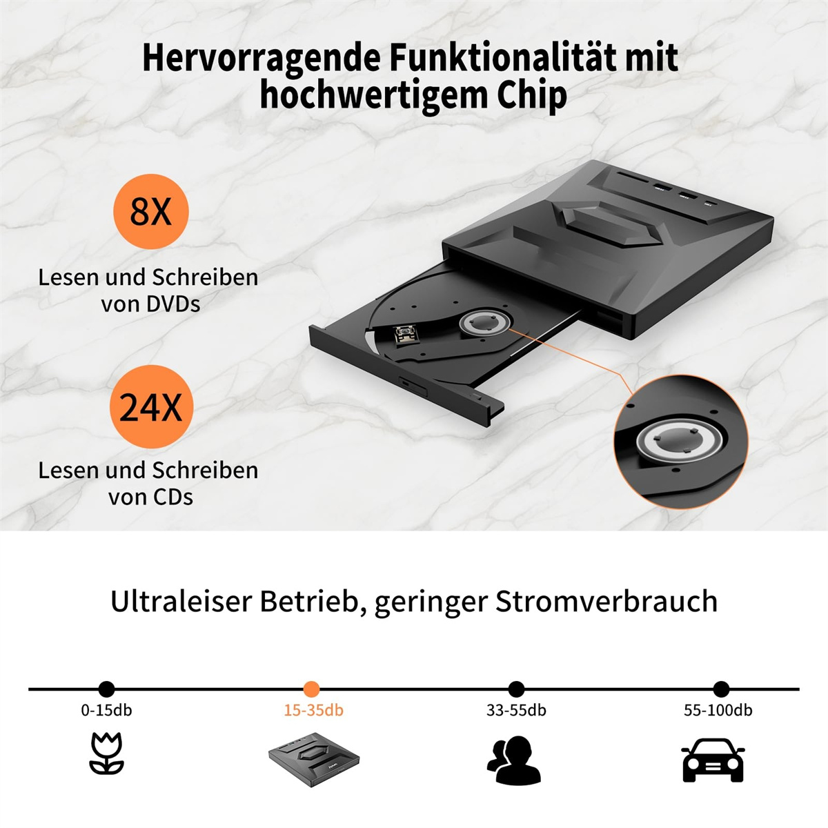 Schwarzes DVD/CD-Laufwerk mit Text zu Lese-/Schreibgeschwindigkeiten und Schallpegeln. Bilder von Tonsymbolen.