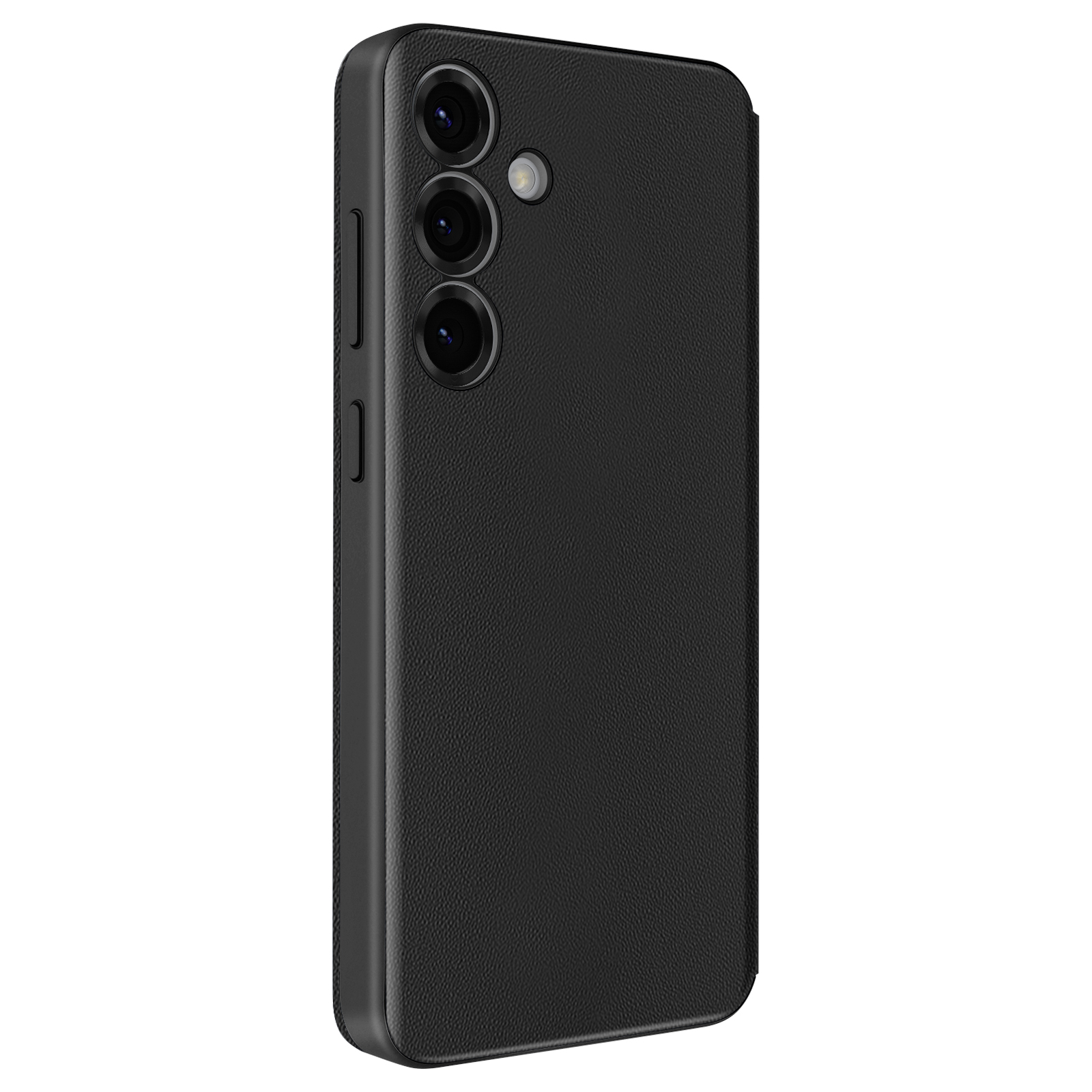 Uno smartphone nero con tre fotocamere posteriori.