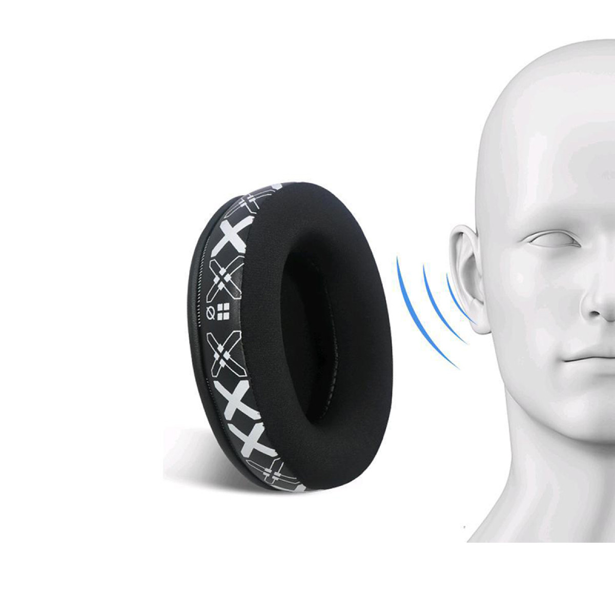 Cuscinetto auricolare per cuffie con design, tenuto vicino all'orecchio di un manichino, con onde sonore.