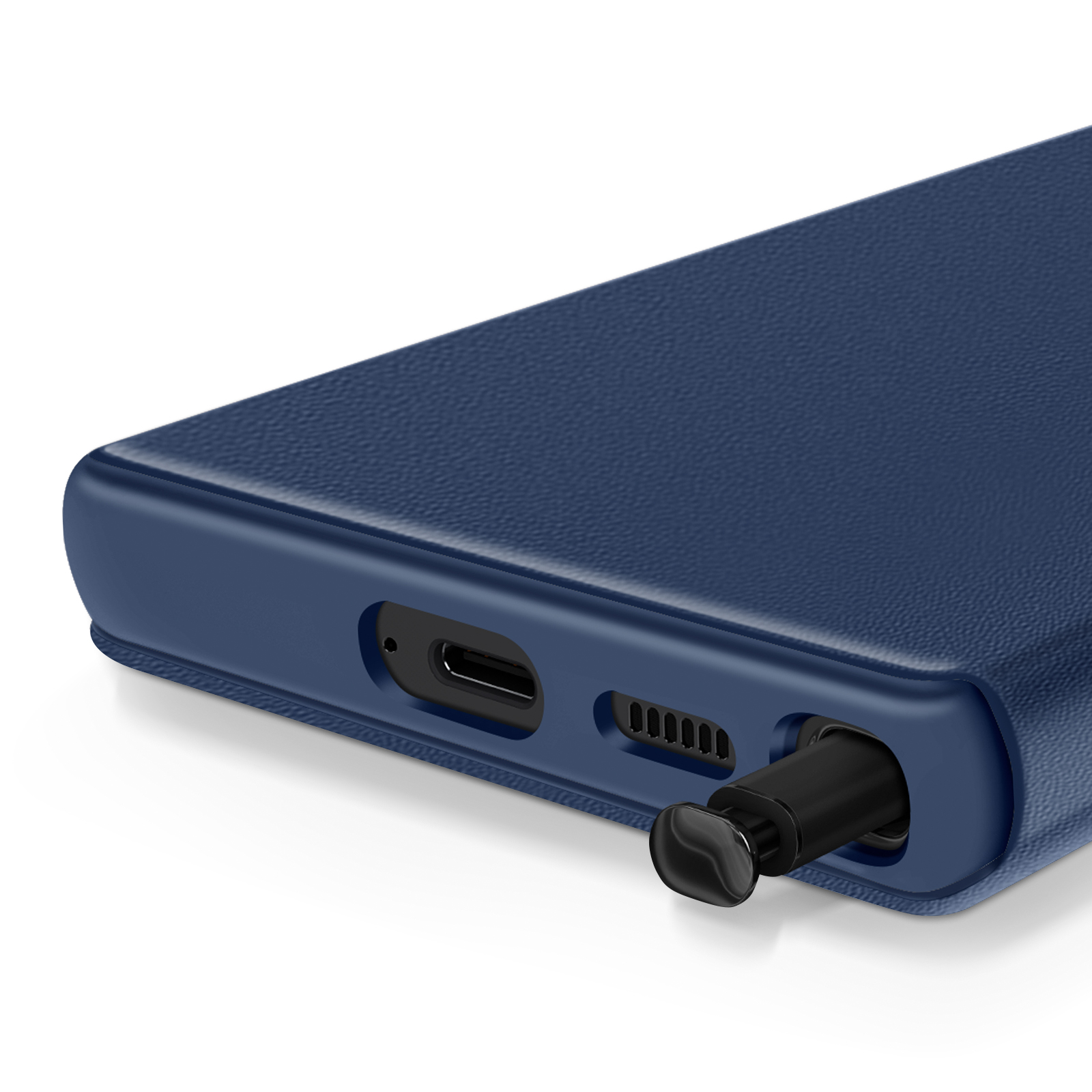 Primo piano di una custodia blu per telefono con stilo inserito, sfondo scuro.
