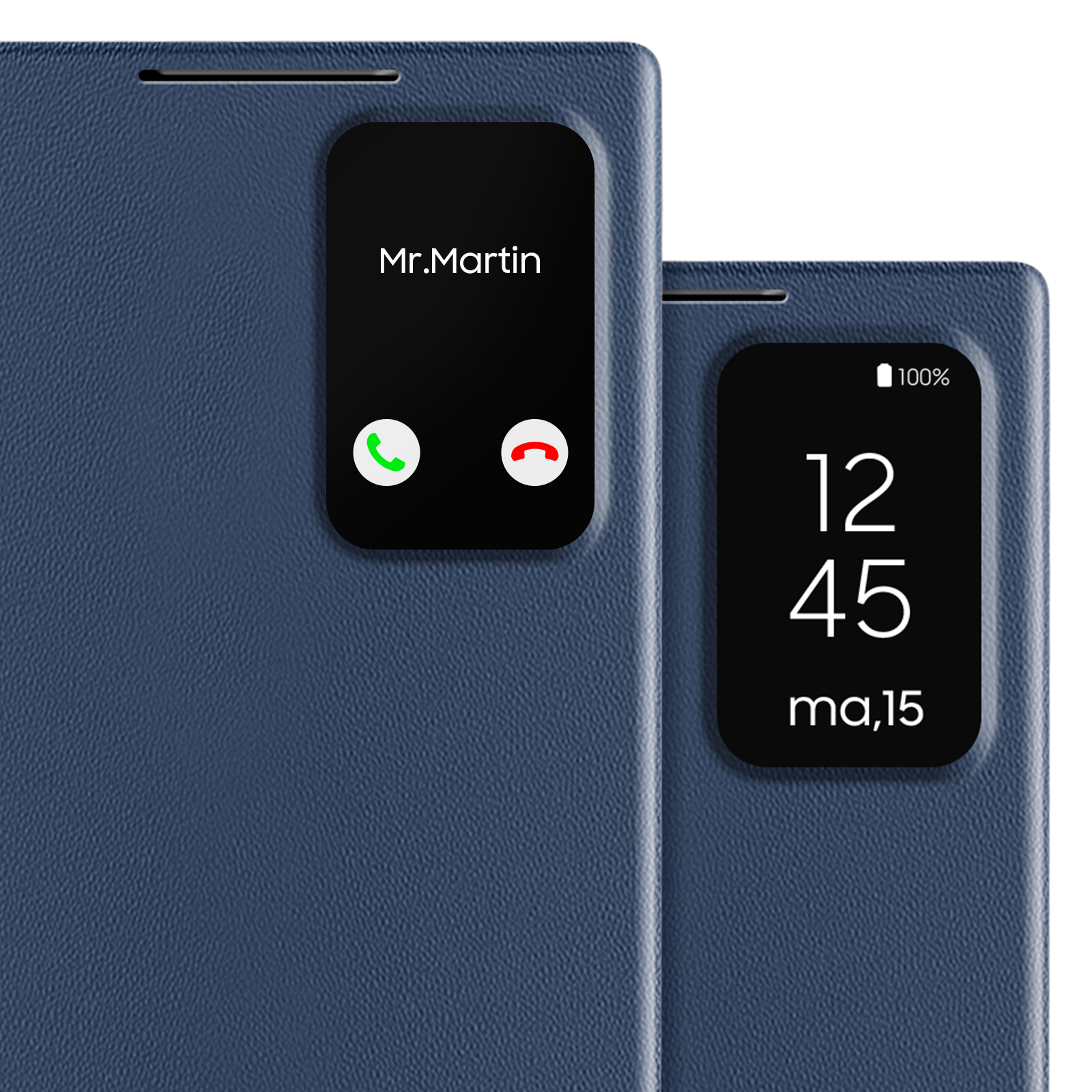 Una custodia blu per telefono con due schermi neri che mostrano una schermata di chiamata e un display dell'ora. Il telefono è chiuso.