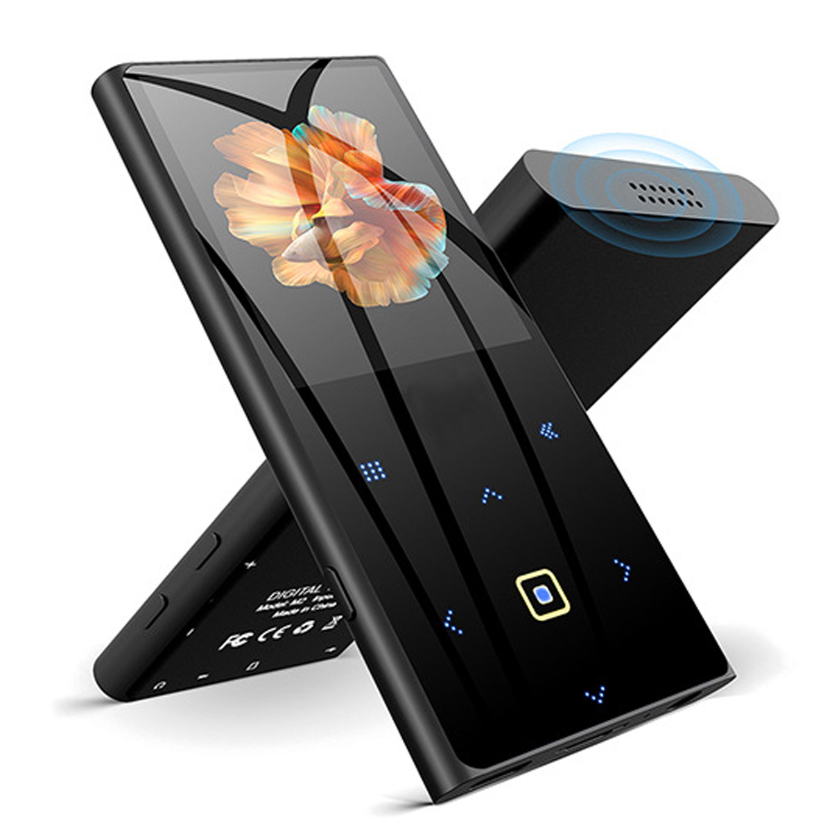 Schwarzer digitaler Musikplayer mit Bildschirm, der auf einer Halterung ruht, zeigt ein farbenfrohes Bild.