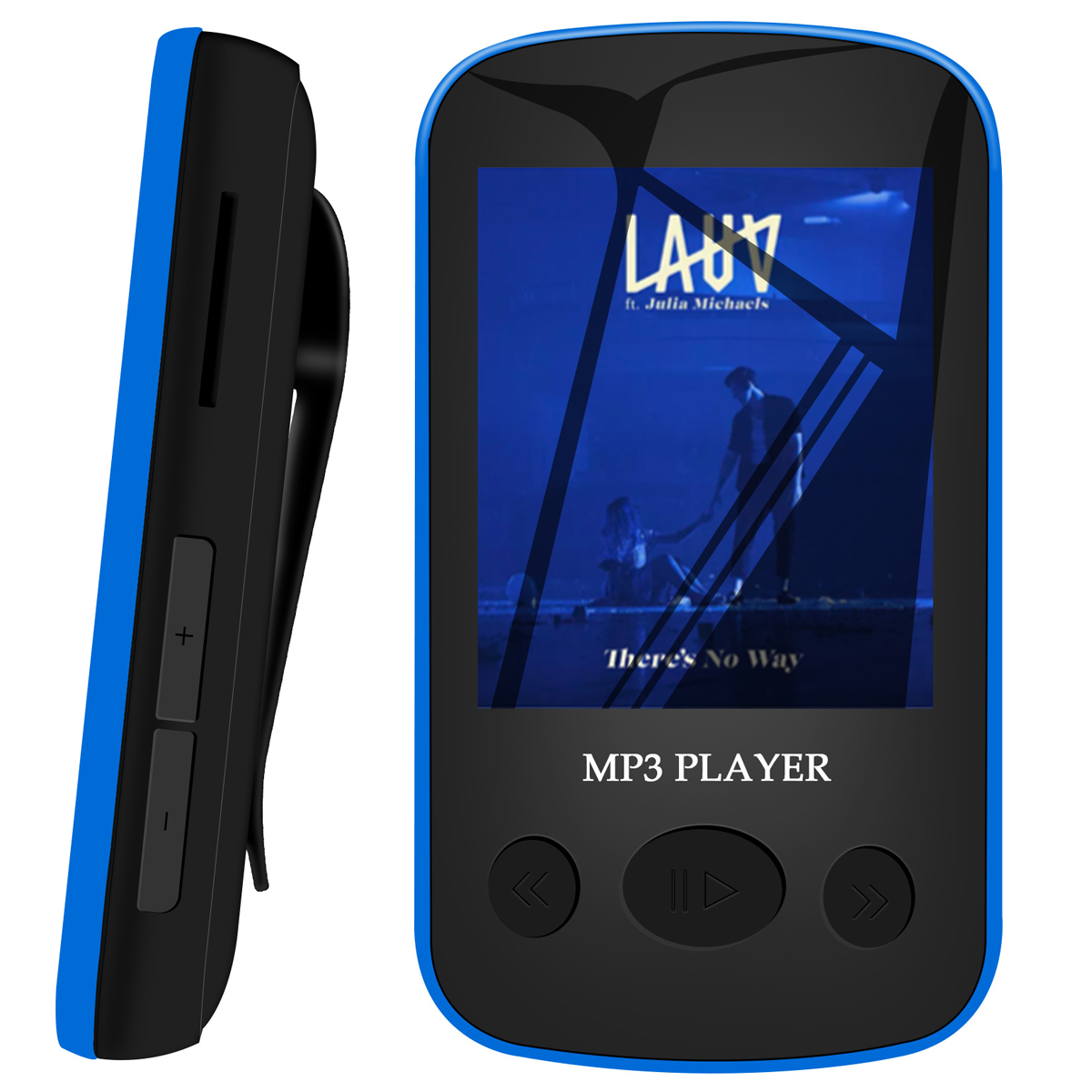 Lettore MP3 blu e nero. Il display mostra la copertina dell'album e il testo. Sul lato ci sono i pulsanti del volume.