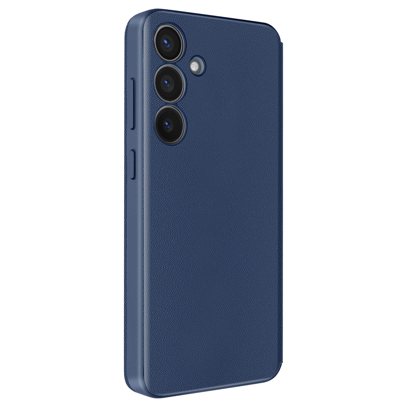 Custodia blu per smartphone con tre obiettivi e un pulsante laterale.
