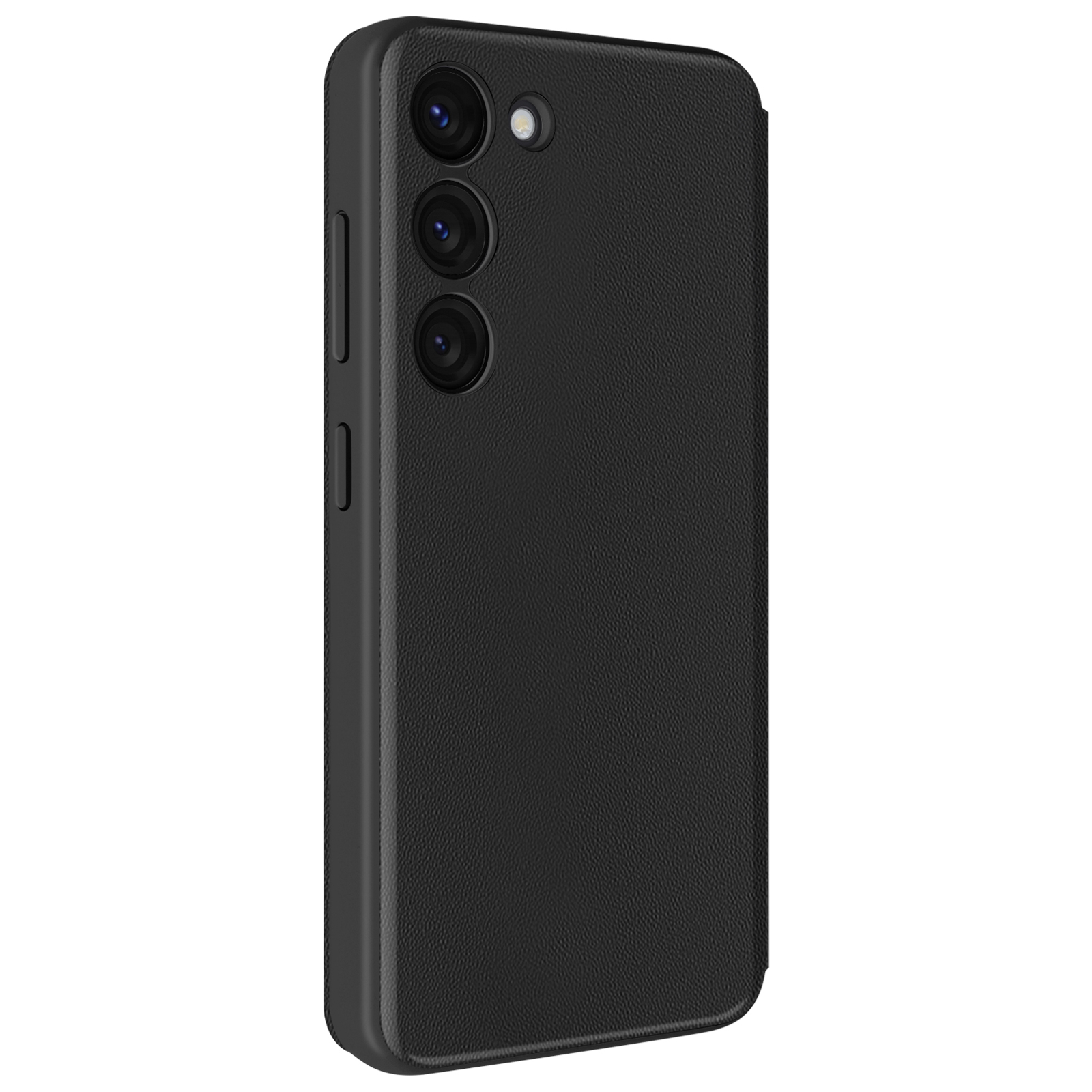 Custodia nera per telefono con ritaglio per fotocamera. Il lato ha pulsanti.