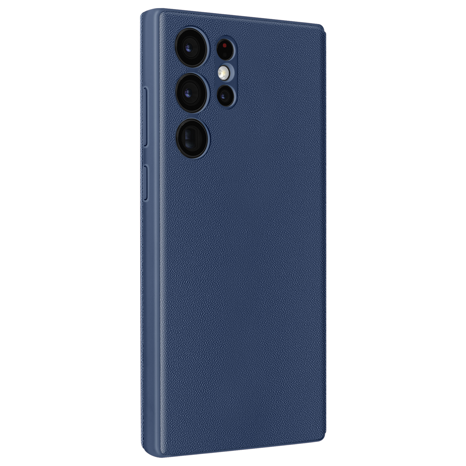 Funda de teléfono azul oscuro con superficie texturizada y múltiples lentes de cámara.